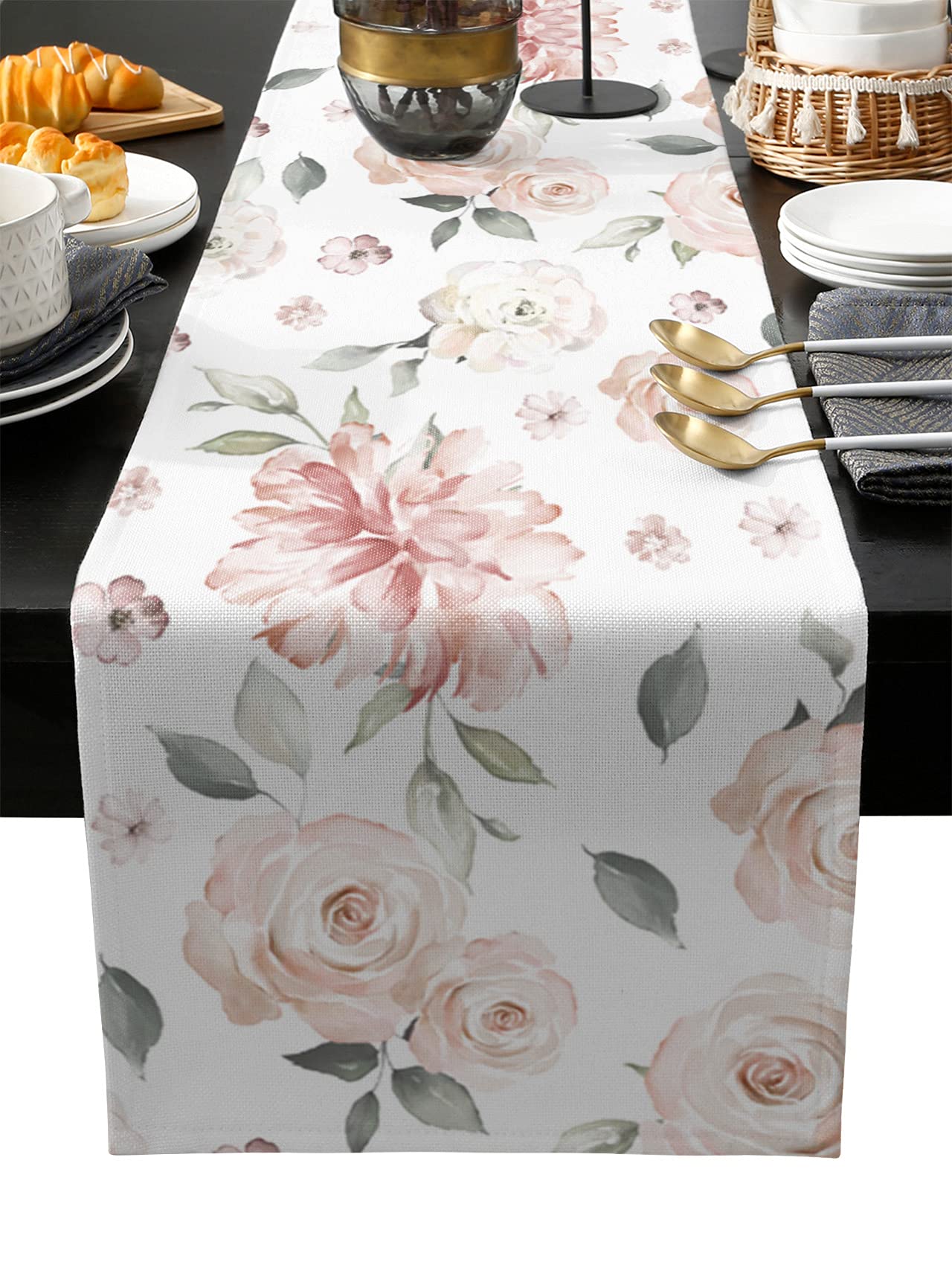 Edwiinsa Cotton Linen Table Runners 13 x 36inch, Watercolor Pink Roses Non-Slip Table Top Decor Bed Runners for Kitchen/Farmhouse/Hotel All Season Use, Spring Floral Vintage Tone 36inches Long
