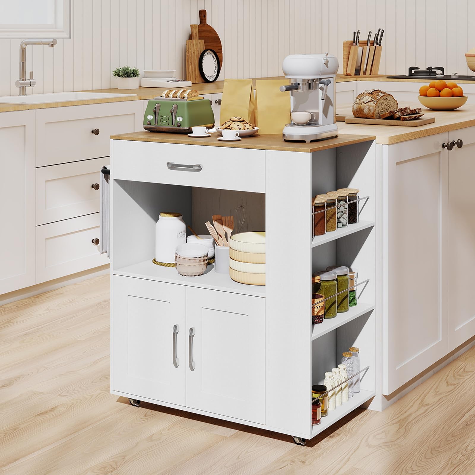 COSTWAY Carrello da Cucina con Ruote, Isola da Cucina con 3 Portaspezie 1 Cassetto Armadietto a 2 Porte, Carrello Portaoggetti con Portasciugamani, 82x46x92 cm (Bianco, con presa)