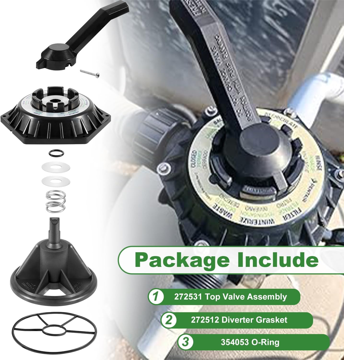Components included in the 272531 Top Valve Assembly Kit: the main valve assembly, diverter gasket, and O-ring.