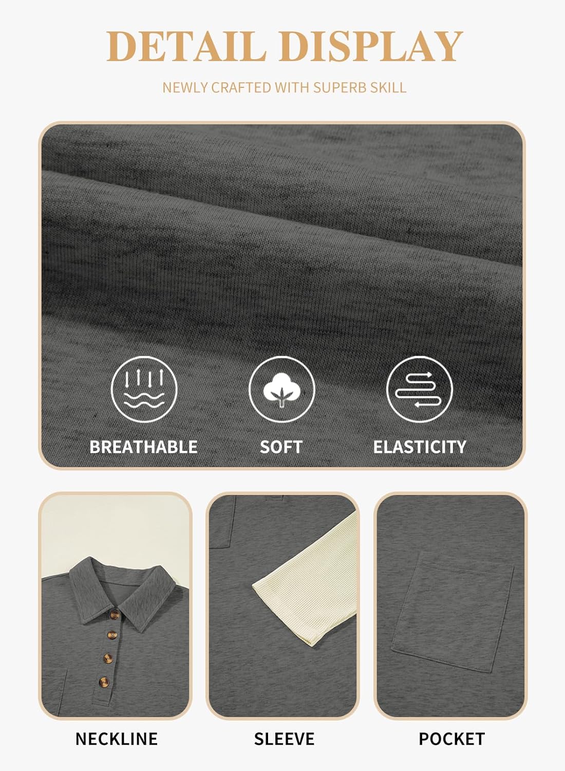 Eytino Plus Size Sweatshirts for Women Button V Neck Long Sleeve Waffle Patchwork Oversized Pullover Shirts Tops(1X-5X) - Image 4