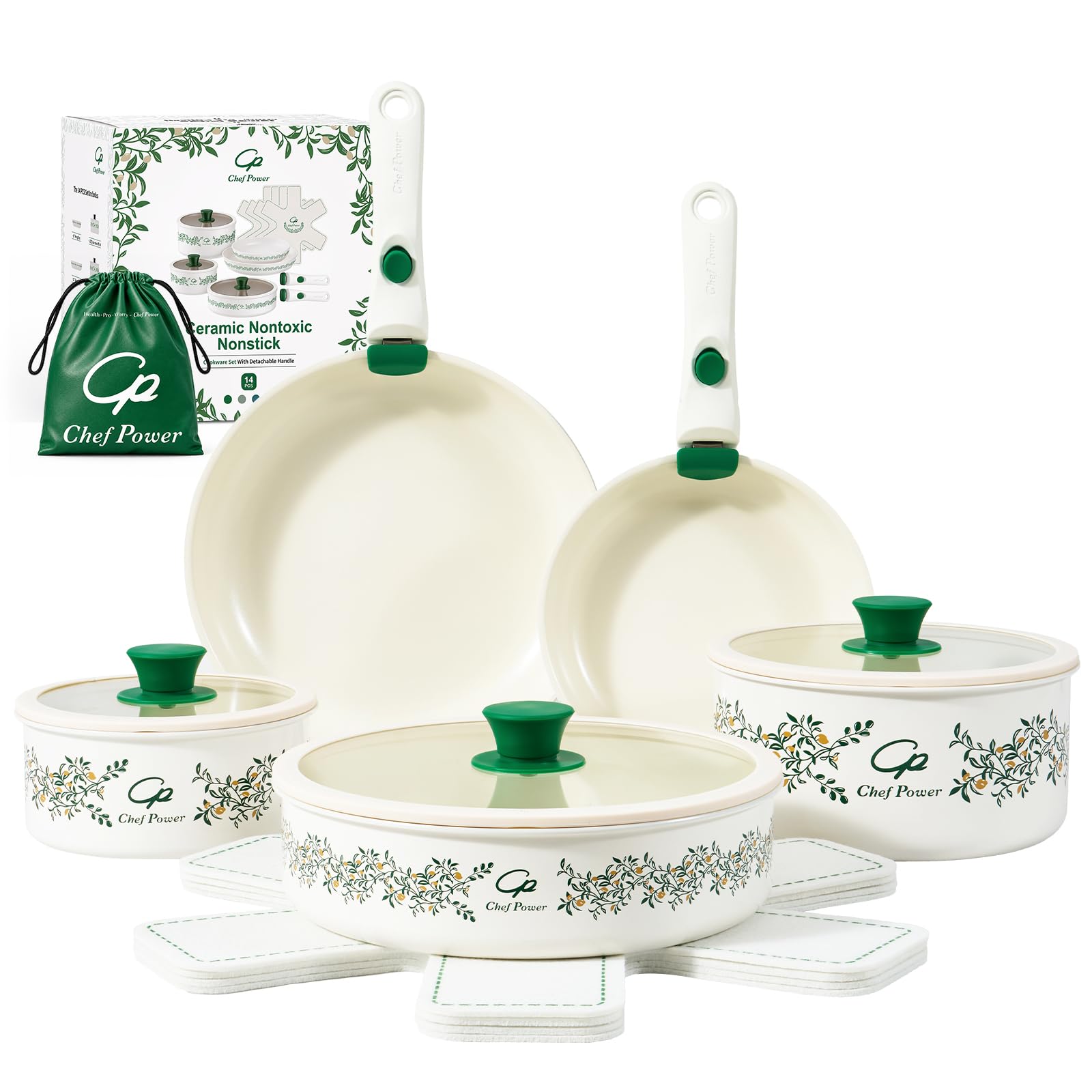 Chef Power Ceramic Cookware Set with Decal, 14 Pcs Pans and Pots Set | Non-Toxic, Non-sti…