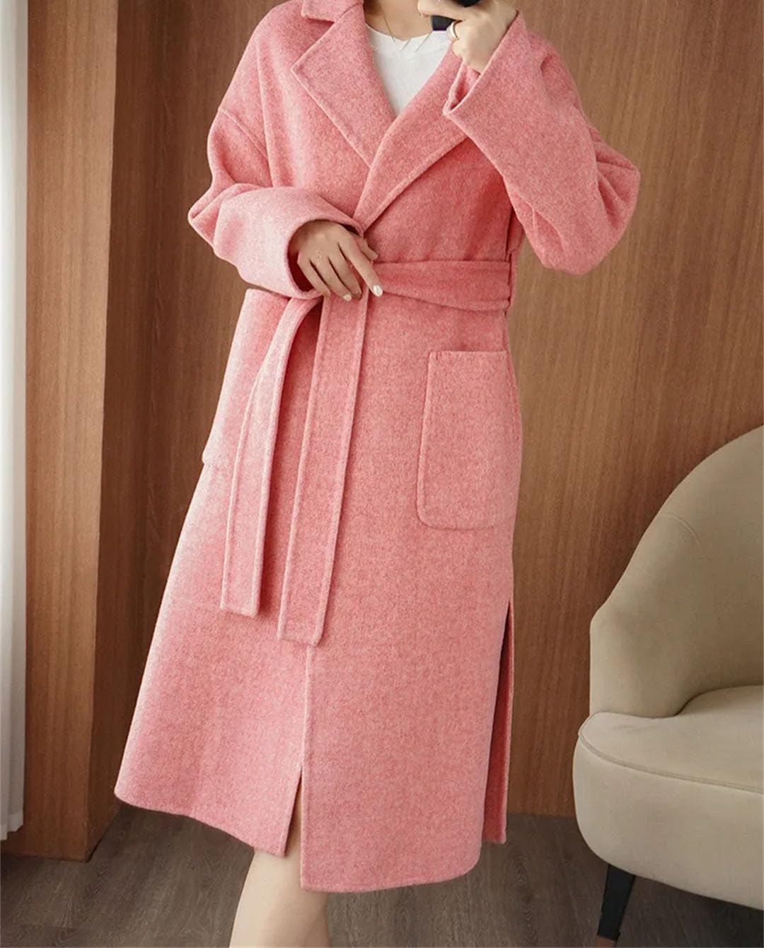 Abrigo de lana de doble cara para mujer, abrigo largo de lana con cinturón, ropa de moda, ajuste holgado