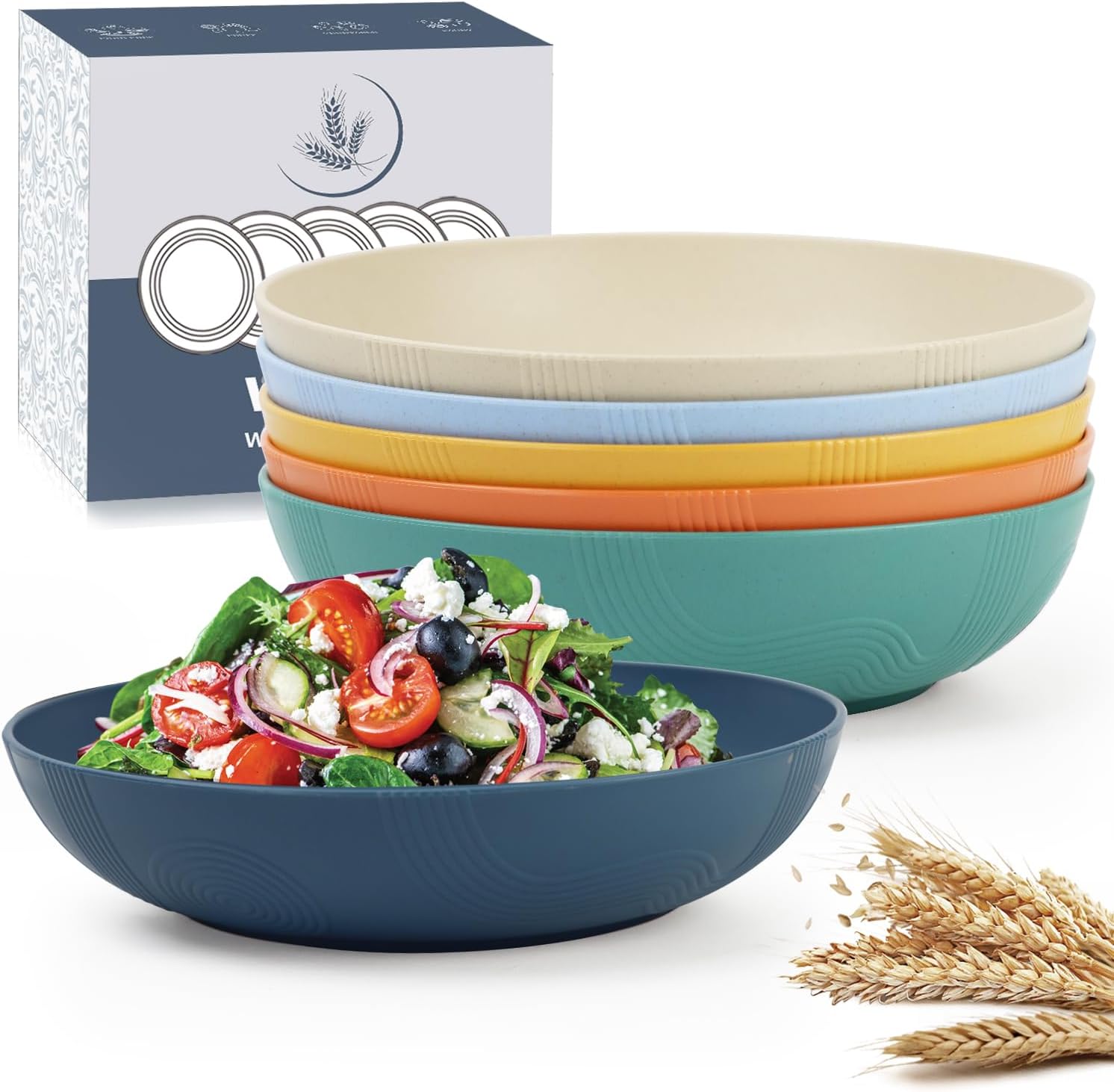 Wrova 10-inch Wheat Straw Big Bowls Set of 6 - Large 65oz Unbreakable Salad Bowls - Restaurant Grade, Microwave & Dishwasher Safe - Big Plastic Bowls for Cereal and Salad - Vibrant Series