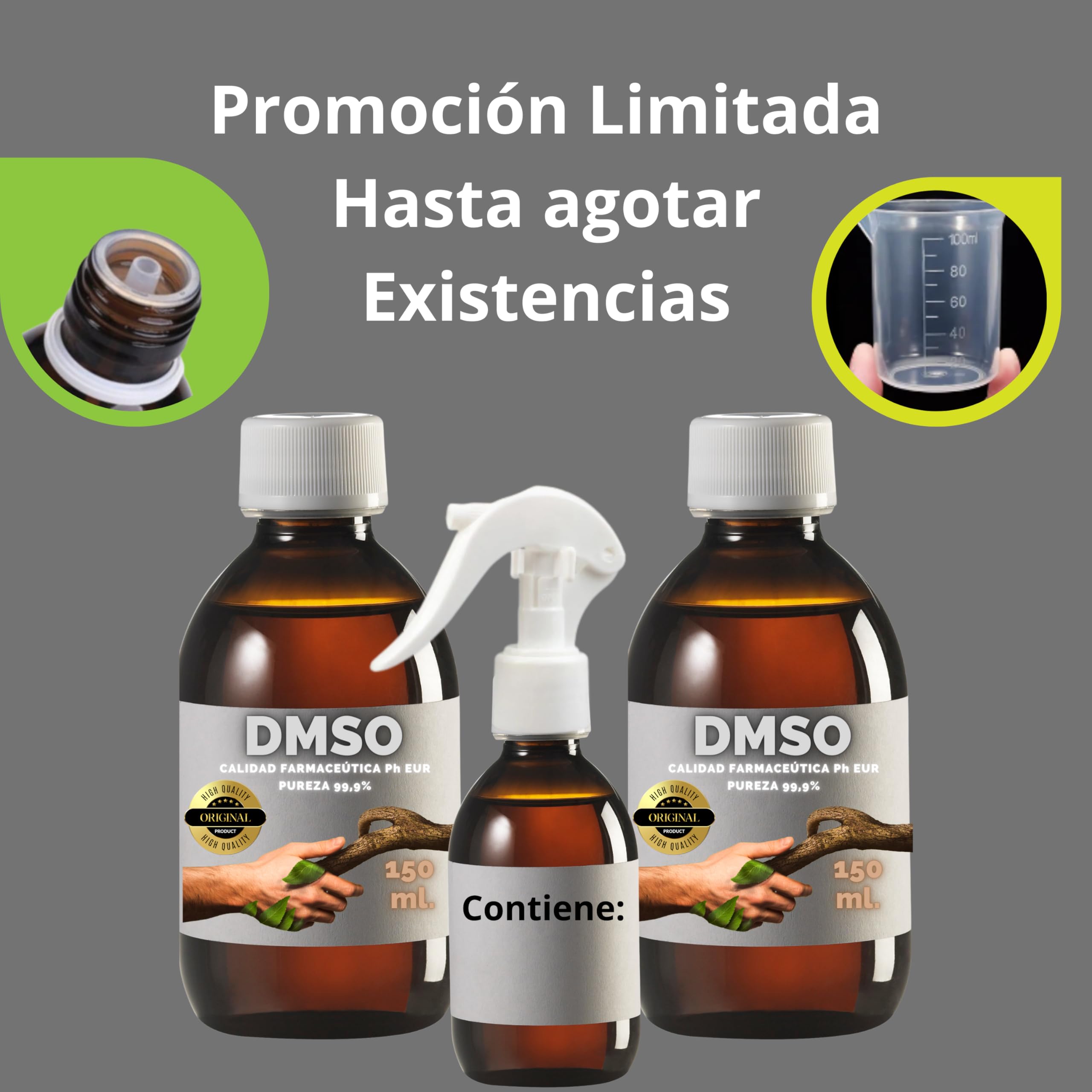 2 x DMSO 150 ml. 99,9% czystości z zakraplaczem | Jakość dimetylosulfotlenek Ph Eur | Butelka prezentowa 125ml Dyfuzor + Kubek Dozujący | Bursztynowe Butelki Laboratoryjne | Uszczelka bezpieczeństwa