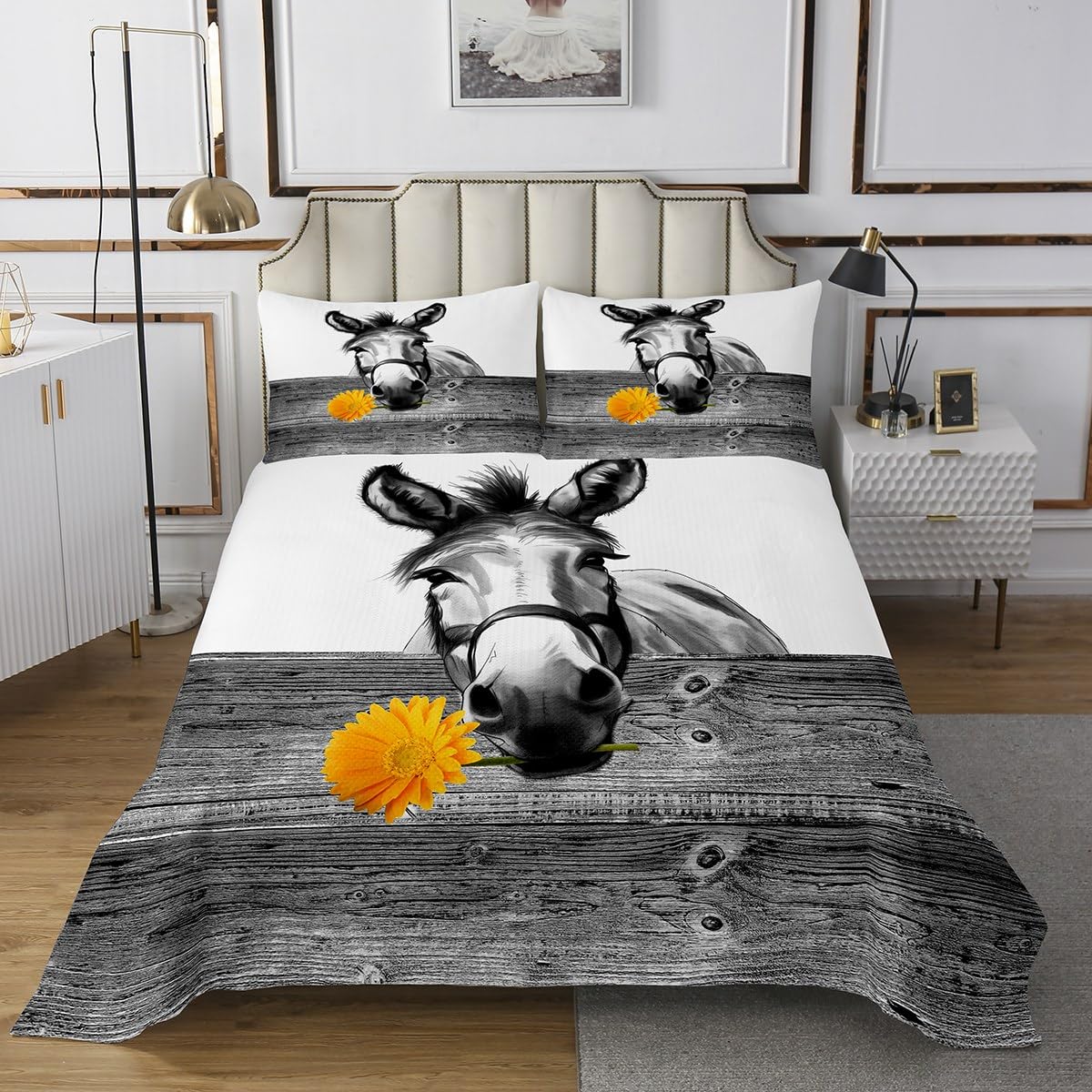 Erosebridal Funny Donkey Bedspread Set Twin Size,Sunflower Quilt Set Boys Girls Yellow Floral Coverlet Set Farm Animal Donkey Sketch Bed Cover Wooden Board Bedspread Sets
