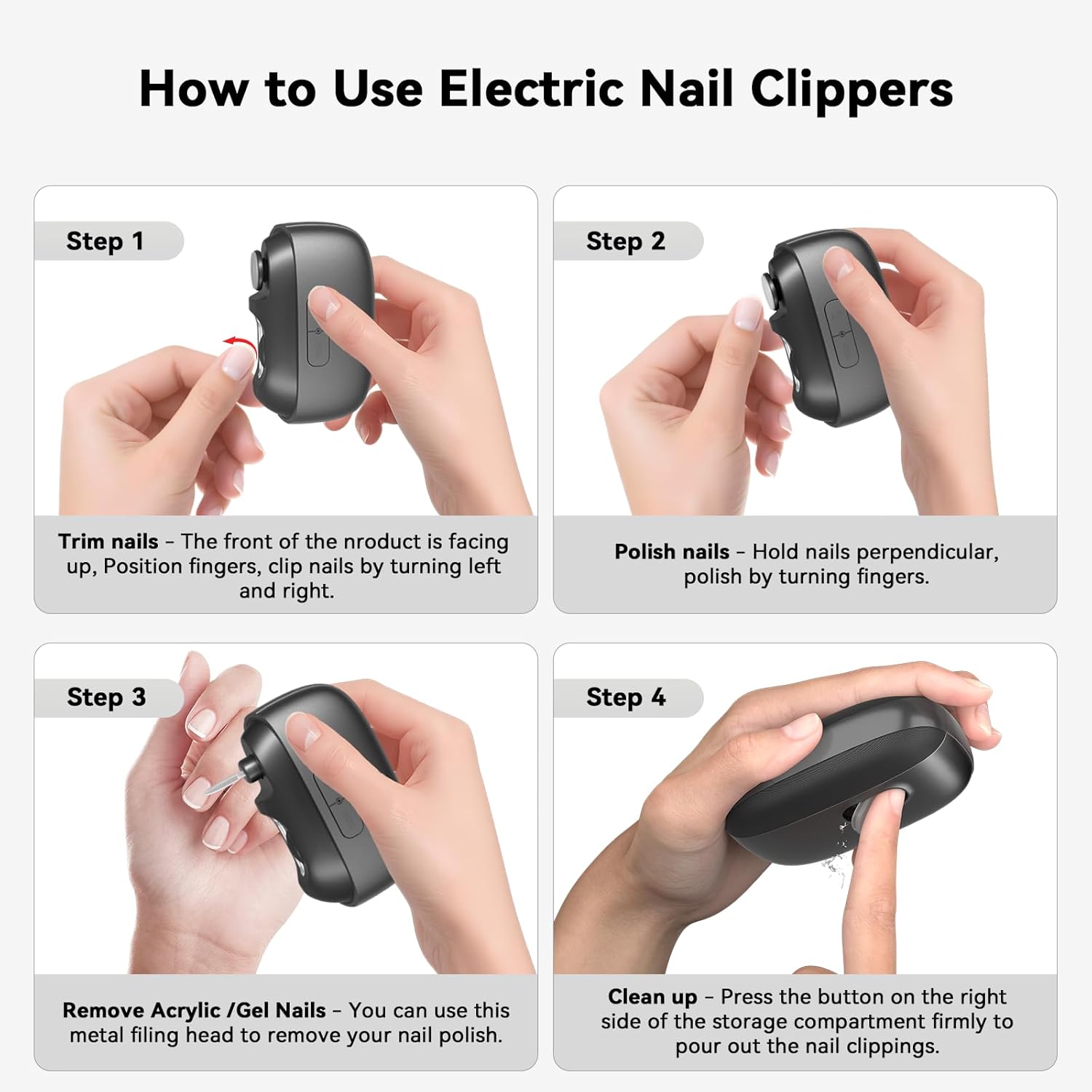 Electric Nail Clipper Fingernail Trimmer: 3-in-1 Automatic Nail Polisher with LED Light, Clip Storage, 2-Speed, Rechargeable Smart Nails Cutter Easy to Use for Seniors, Baby, Adult, Black Dark Gray