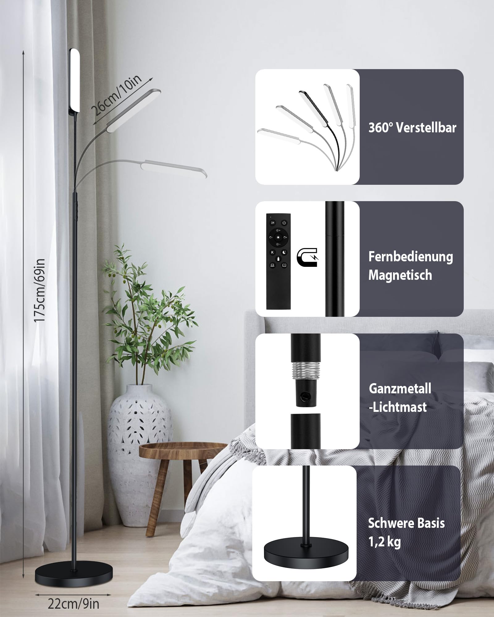 TRUMPETS 18W Stehlampe LED Dimmbar 2000LM mit Fernbedienung Unendliche Farbtemperatur & lineare Leuchtdichte, 360° Flexibler Schwanenhals,1 Hour Timer, floor lamp für Wohnzimmer Schlafzimmer