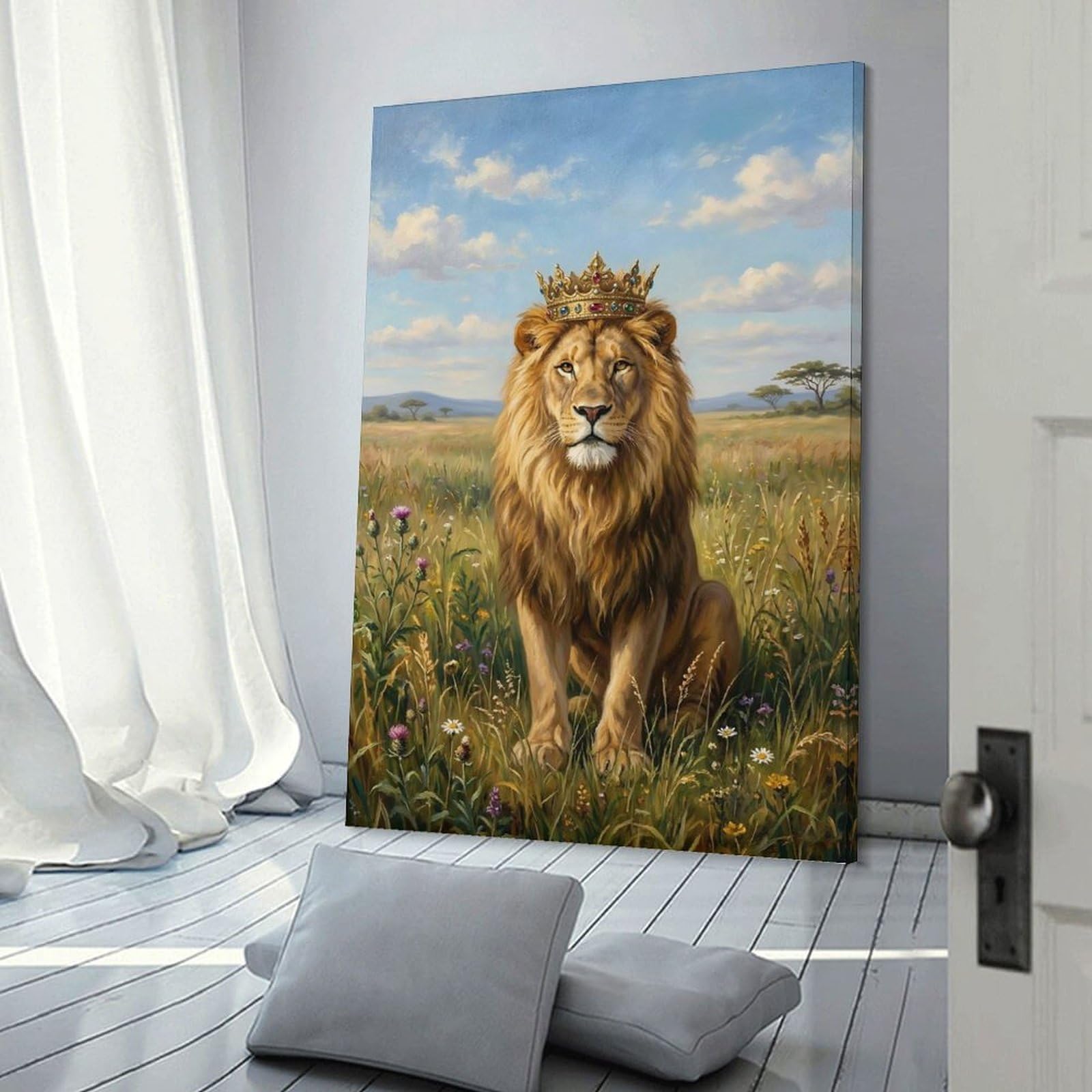 Junmoney Lion King with Crown in Savannah Decorative Wall Artwork 24x36inch(60x90cm), for Living Room, Lounge Or Sitting Room, A Home Accent with Warm Character