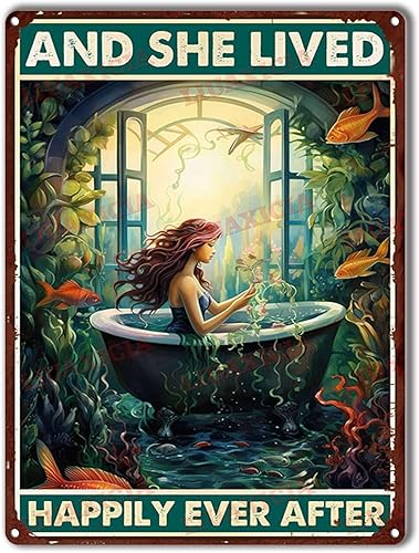 Letrero de metal de estilo retro con diseño de sirena y ella vivió felices para siempre, decoración de pared, 12 x 16 pulgadas