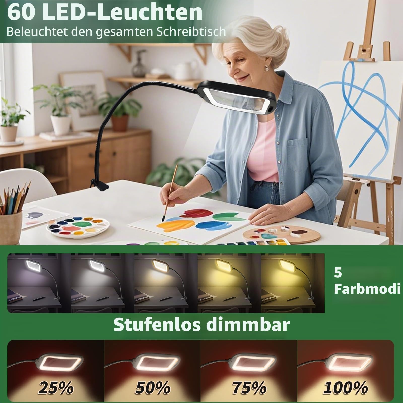 GABORISH 10X Standlupe mit Licht und Ständer, 3 in 1 Lupenlampe mit 60 LED, Rechteckige Flexible Schwanenhals Lupenleuchte mit Klemme, 5 Farbmodi Dimmbar Händefrei Leselupe mit Licht für Senioren Groß