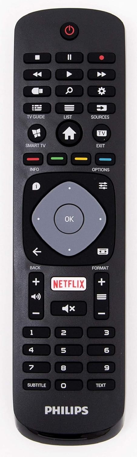 Front view of the Philips Smart TV remote control, showing various buttons for power, navigation, volume, channel, smart TV access, and dedicated Netflix button.