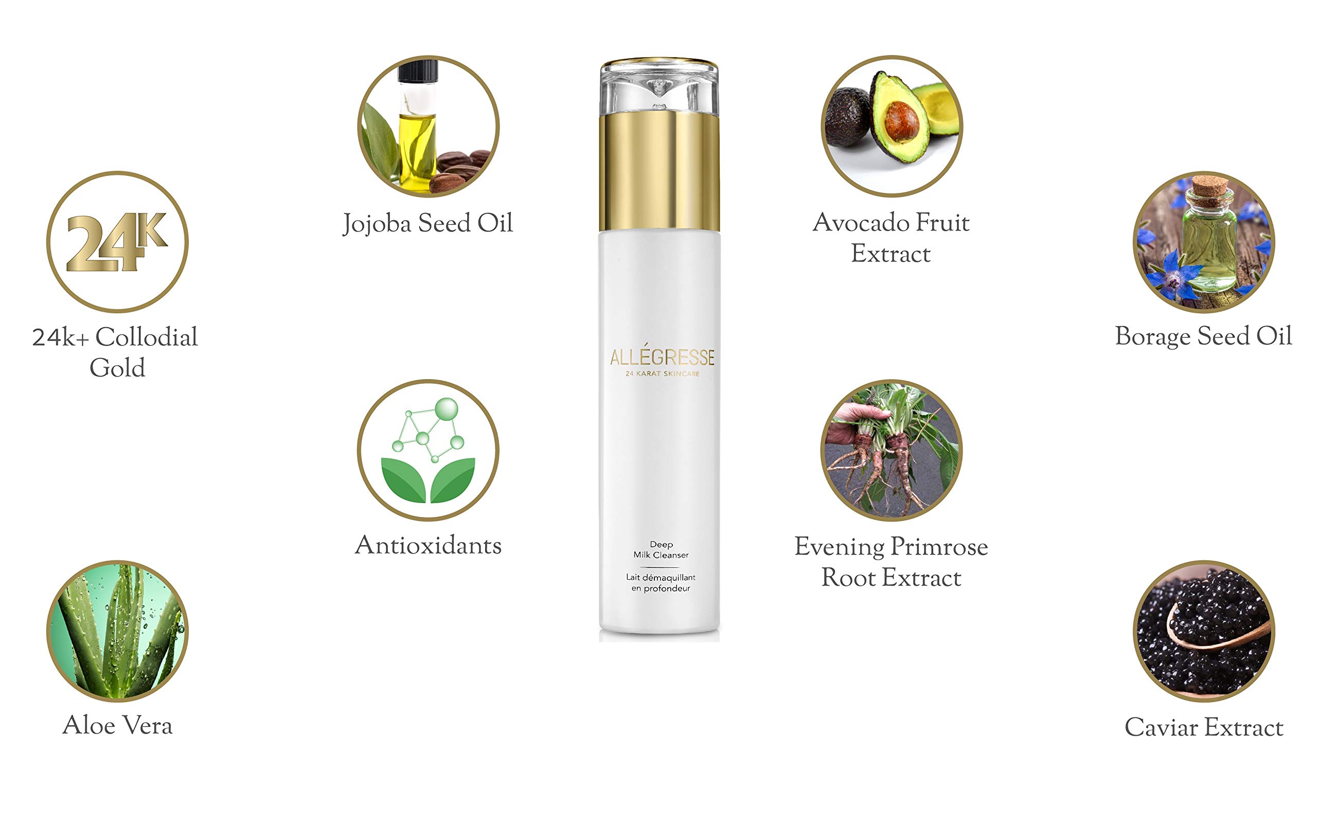 ALLÉGRESSE 24 KARAT SKINCARE Gold Deep Milk Face Cleanser – wzbogacony o składniki botaniczne i przeciwutleniacze do usuwania impurities i makijażu – przeciw starzeniu się głębokiego oczyszczania bez