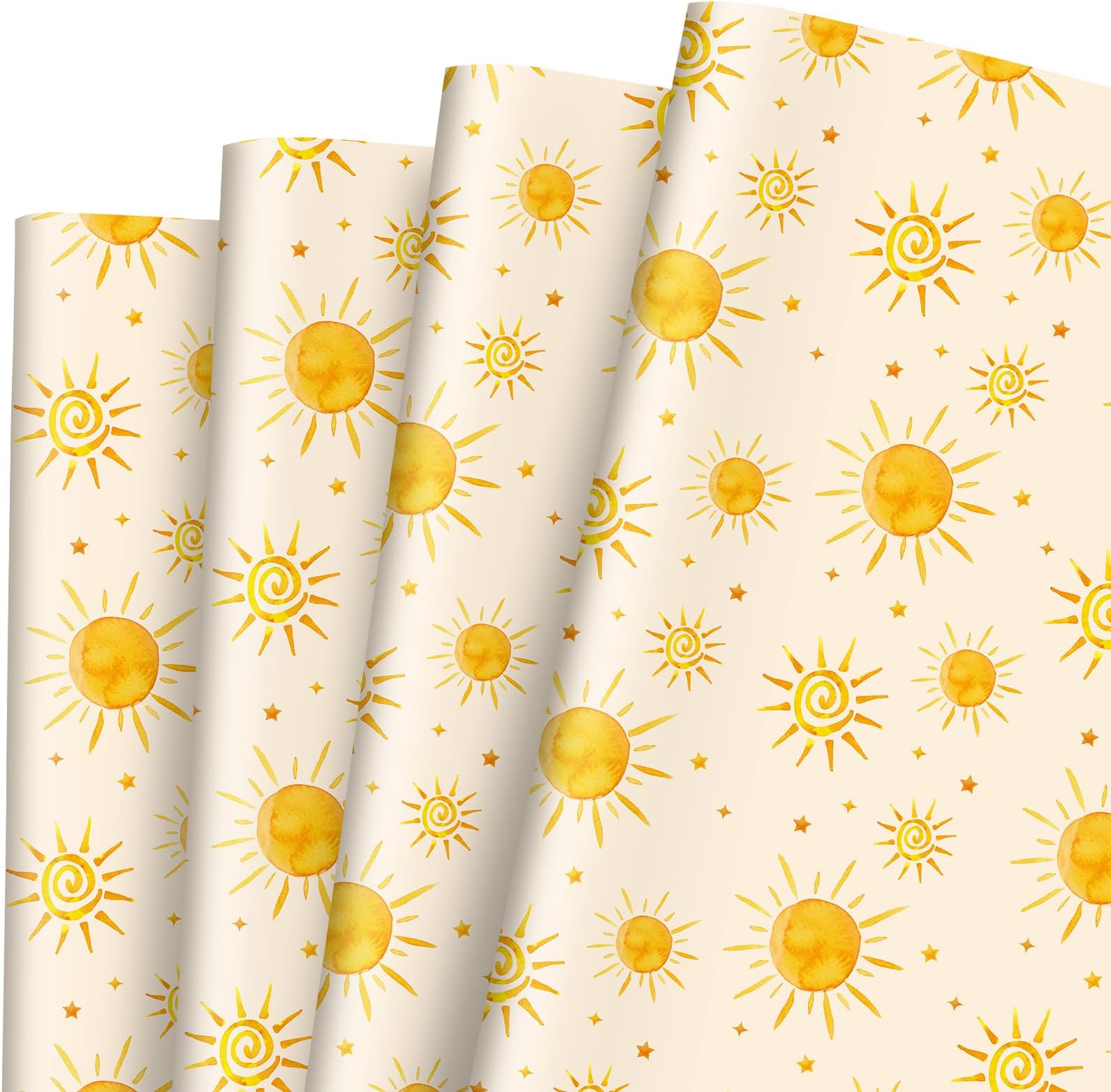 JarThenaAMCS 8 Sheets Boho Sun Wrapping Paper -Not Roll- First Trip Around the Sun Gift Wrap Paper Folded Flat Yellow Sunshine Star Craft Papers for Home Party, 19.7 x 27.6 Inch