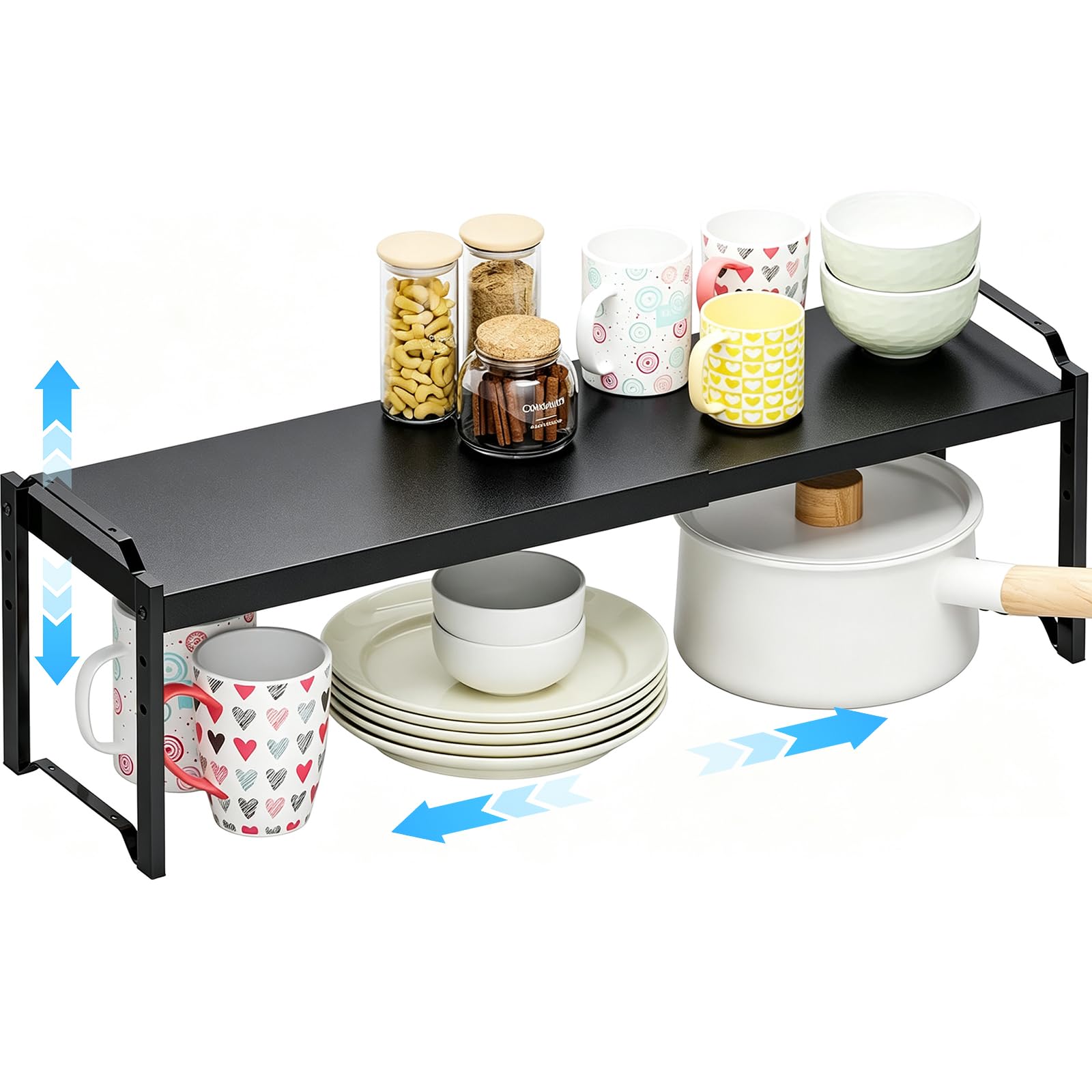 1 Pack Expandable Cabinet Countertop Shelves, Stackable Shelves Organizers For Kitchen Cabinet Countertop Storage, Adjustable Counter Cupboard Pantry Organizer Shelf Rack Stand, Length:25.5"