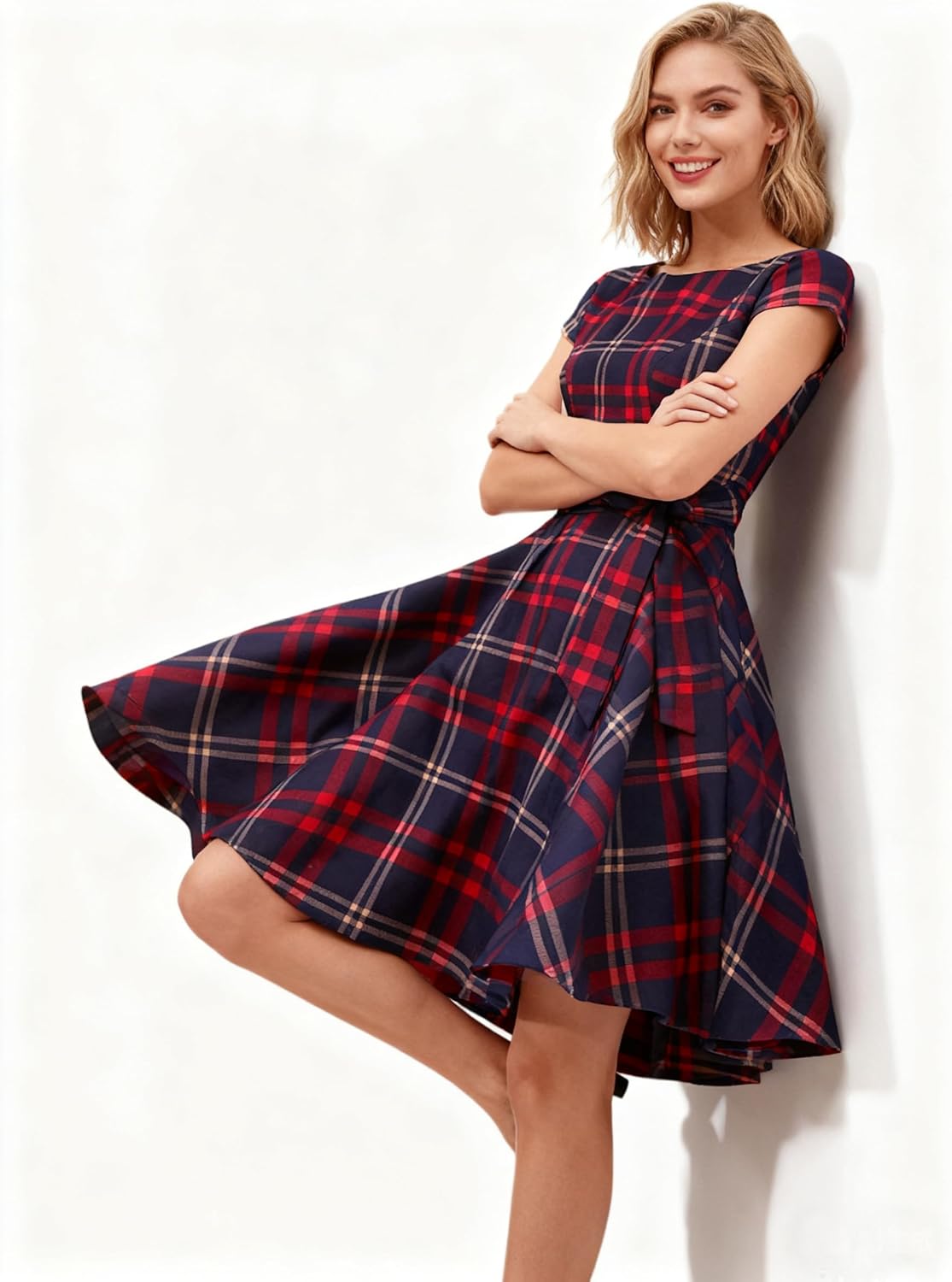 PUKAVT Women's 1950 Boatneck Cap Sleeve Vintage Swing Cocktail Party Dress with Pockets - Image 3