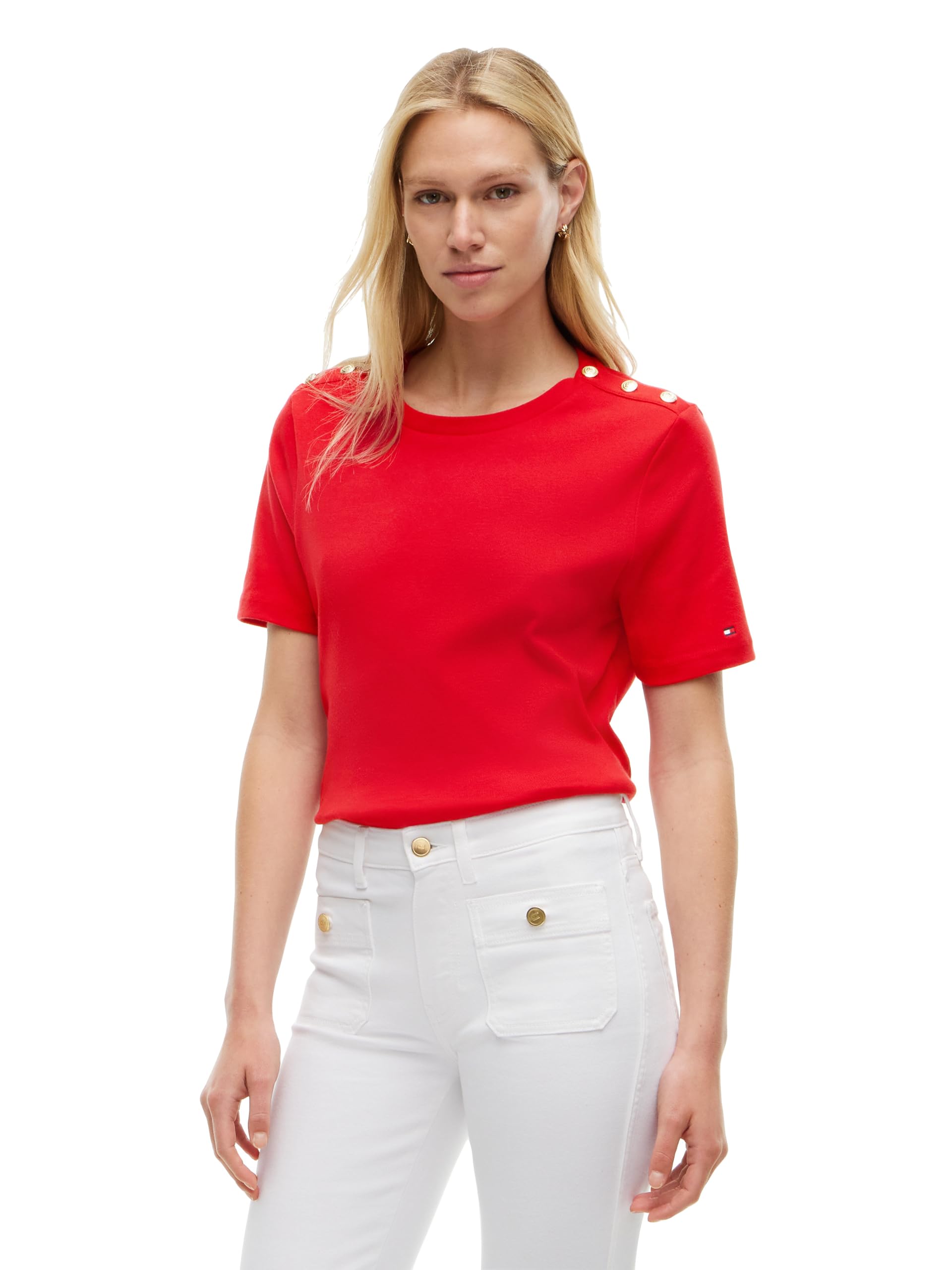 Women's Short Sleeve Cotton Graphic Crew Neck T-Shirt with Button Embellished Shoulder De…