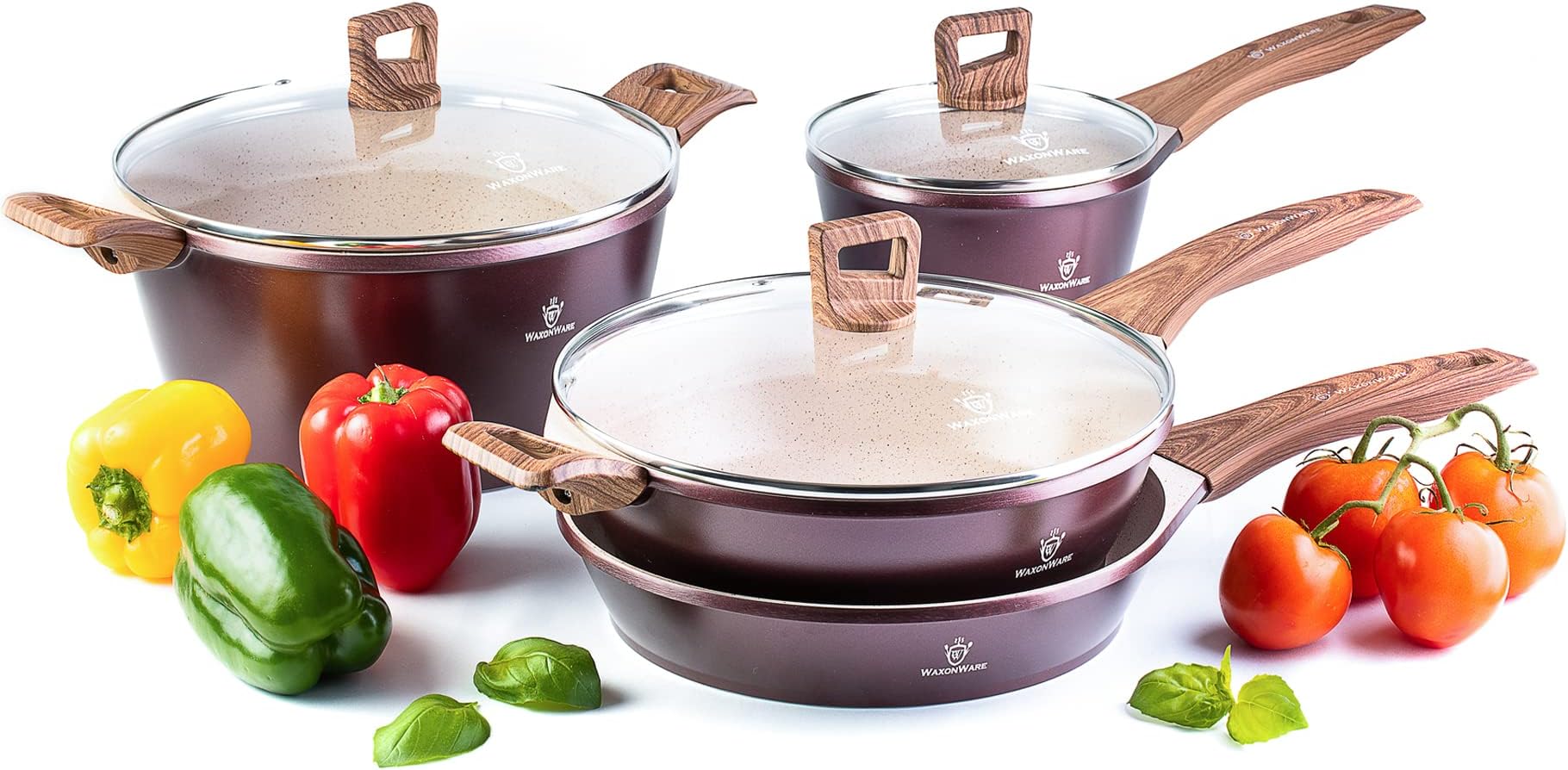 Waxonware 7pc Kitchen Pots and Pans Set Non stick German Coated, Kitchen Cookware Set Premium - Dishwasher Safe and 100% PFOA and PTFE Free - Induction Cooking Non Stick Pots and Pan Set - Marbellous