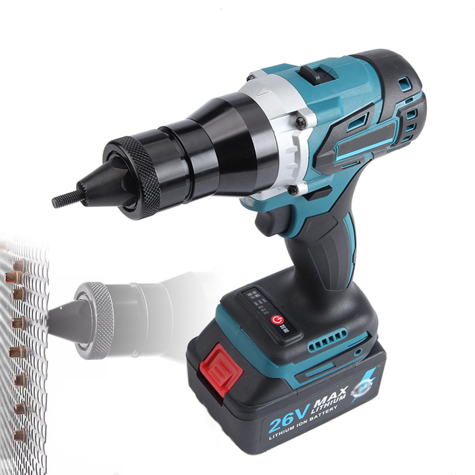 Pistola Remachadora Inalámbrica Batería Remachadora de Tuercas Electrica, Remachadora Eléctrica Inalámbrica 26V, Remachado automático Pistola Clavos para M3-M12,2200mAh
