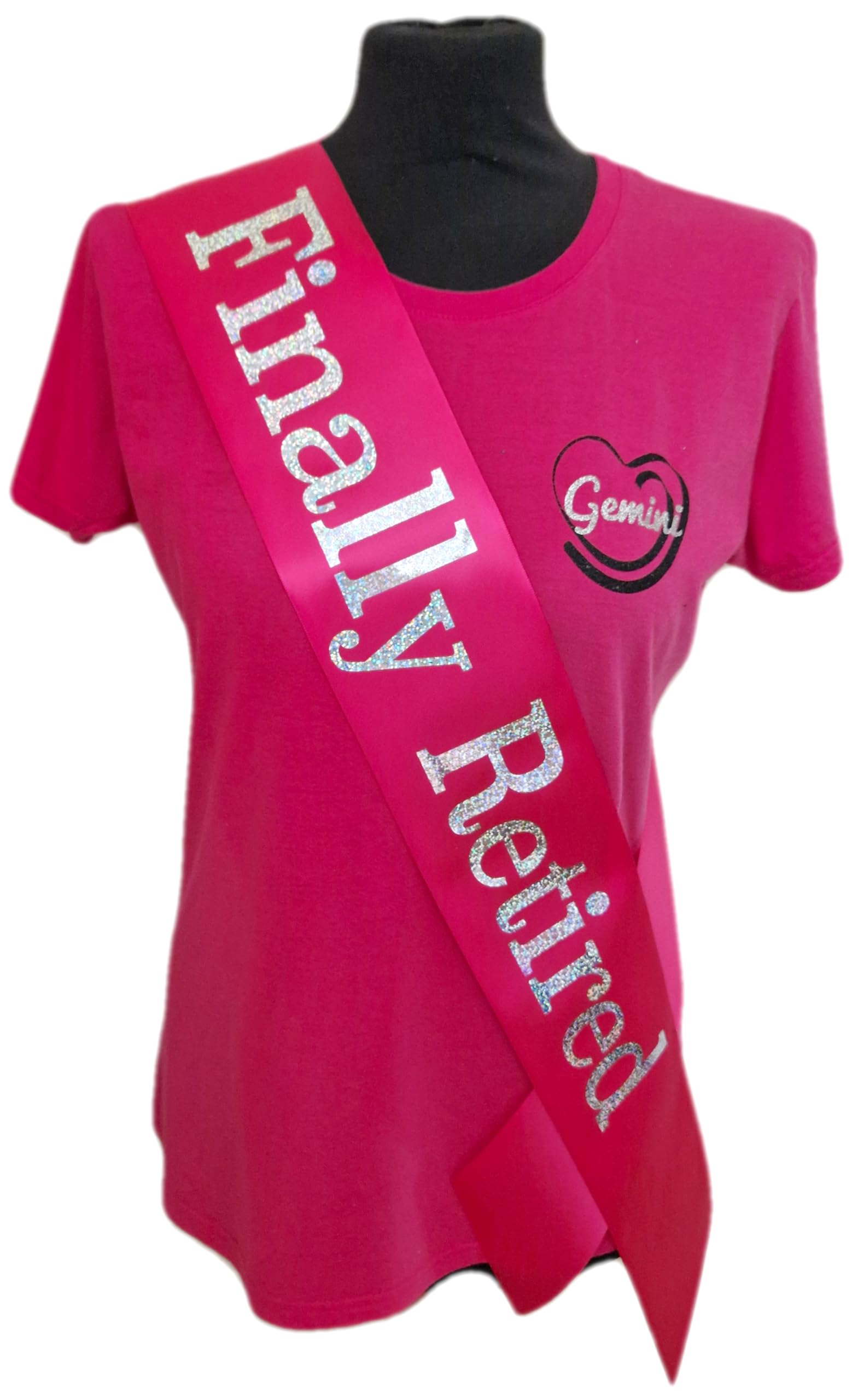 Retirement Sash - Finally Retired Birthday Sash - Beautiful Quality Hot Pink Ribbon and Holographic Silver Font Retirement Sash