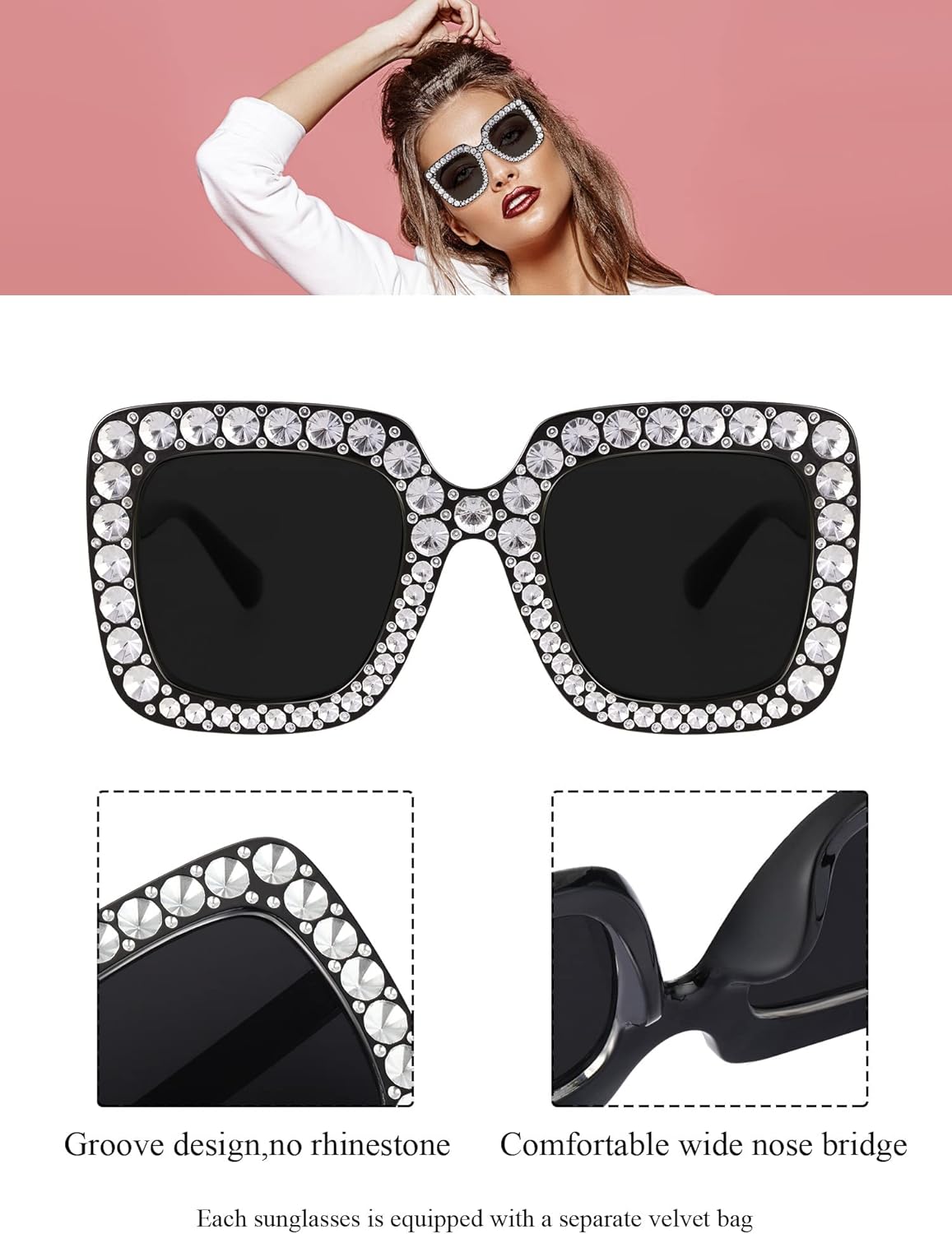 Frienda 2 Pieces Oversize Square Sparkling Sunglasses Retro Thick Frame Sunglasses for Women - Image 2