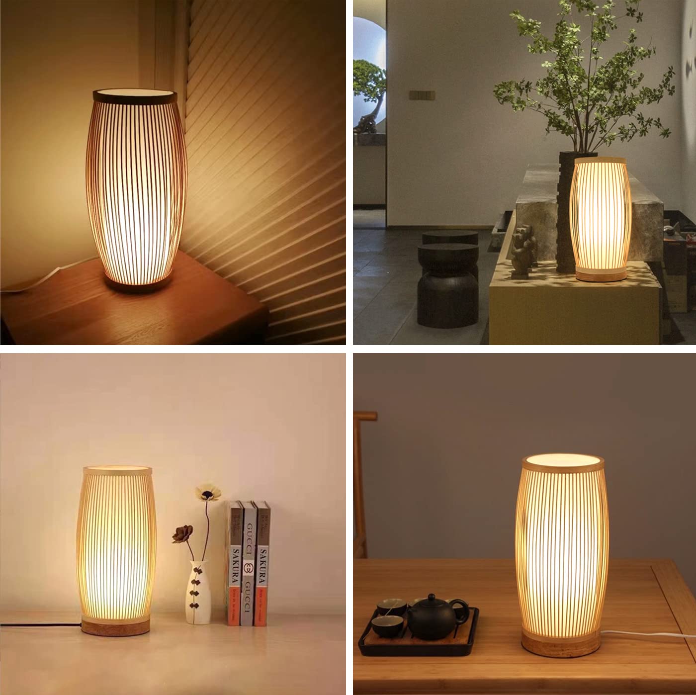 Lampada da tavolo in bambù lanterna decorativa illuminazione da tavolo rustica luce notturna lampada da comodino luce d'atmosfera per camera da letto, soggiorno, ristorante