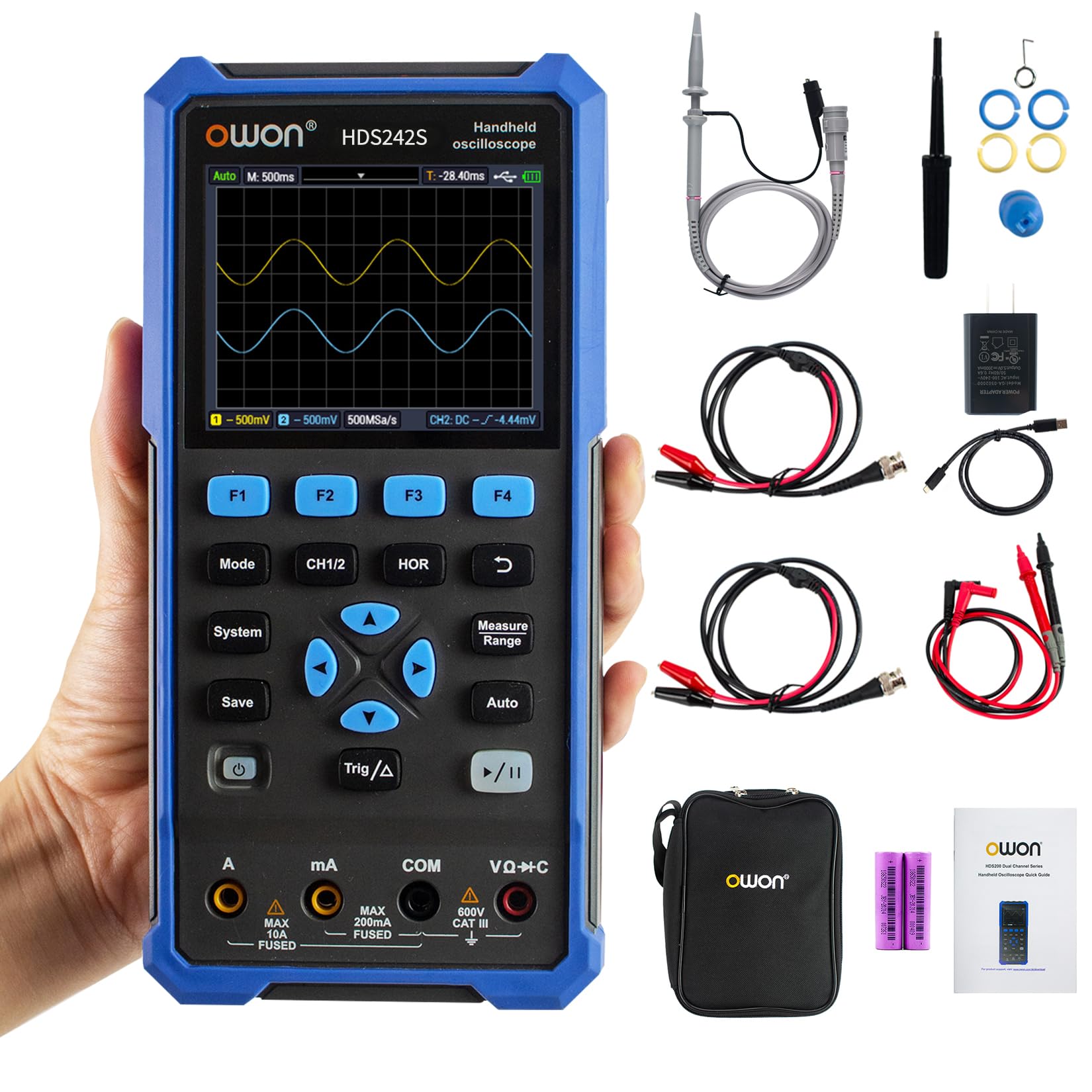 OWON HDS242S Handheld Oscilloscope, 40MHz Bandwidth 3 in 1 Digital Multimeter Oscilloscope, 20000 Counts with 2 Channel USB Type C and 3.5 Inch LCD Display (oscilloscope+multimeter+generator)