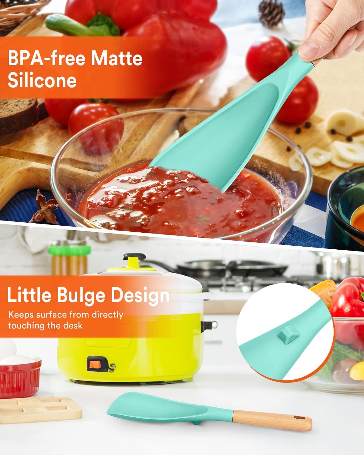 Cooking Spoon for Nonstick Cookwares, Great for Cooking and Serving Sturdy BPA-Free Matte Silicone, Wood Handle Spoon for Mixing, Scoop, and Scrape (GREEN) thumbnail
