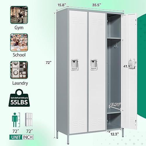 Miniatura 3 de Letaya Taquillas de metal para empleados armario de almacenamiento de 3 puertas con estantes y gabinete de acero con cerradura para la escuela,
