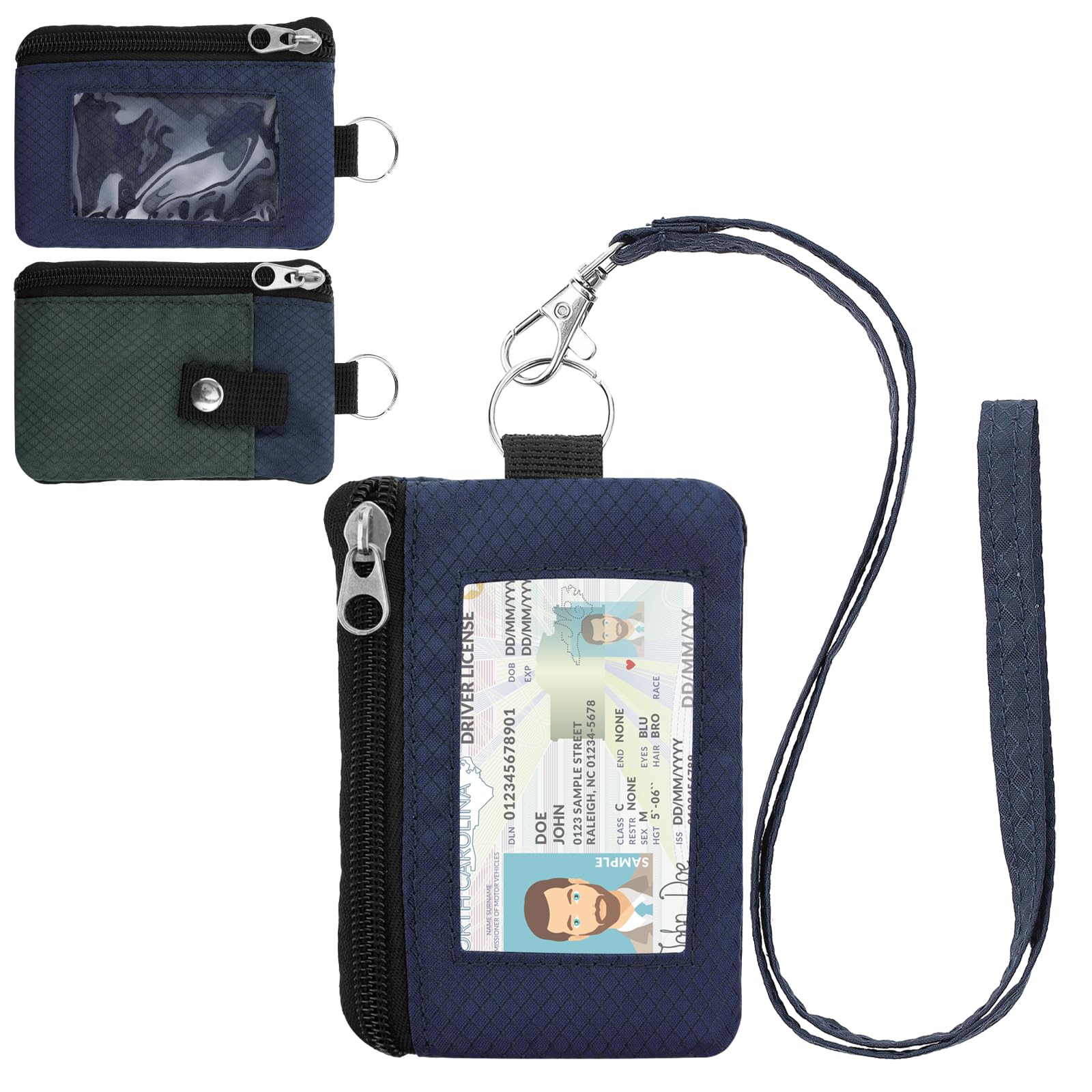 Minimalist RFID Wallet with Lanyard, Multi-Functional ID Case with 2 Zipper Pockets and Key Chain for Men and Women, Tactical Badge Pouch Cards Holder, Coin Purse for Travel Sports - Gray&amp;Blue