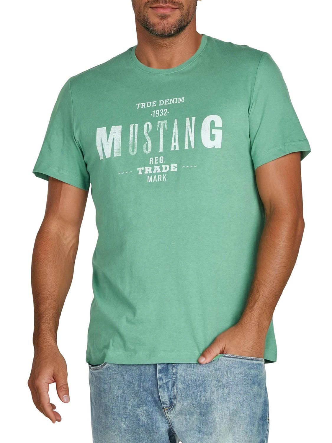 MUSTANG Tshirt Herren Regular Fit Rundhals Kurzarm Sommer Tee Shirt Logoprint Baumwolle, Größe:M, Farbe:Frosty Spruce (1004401-6398)