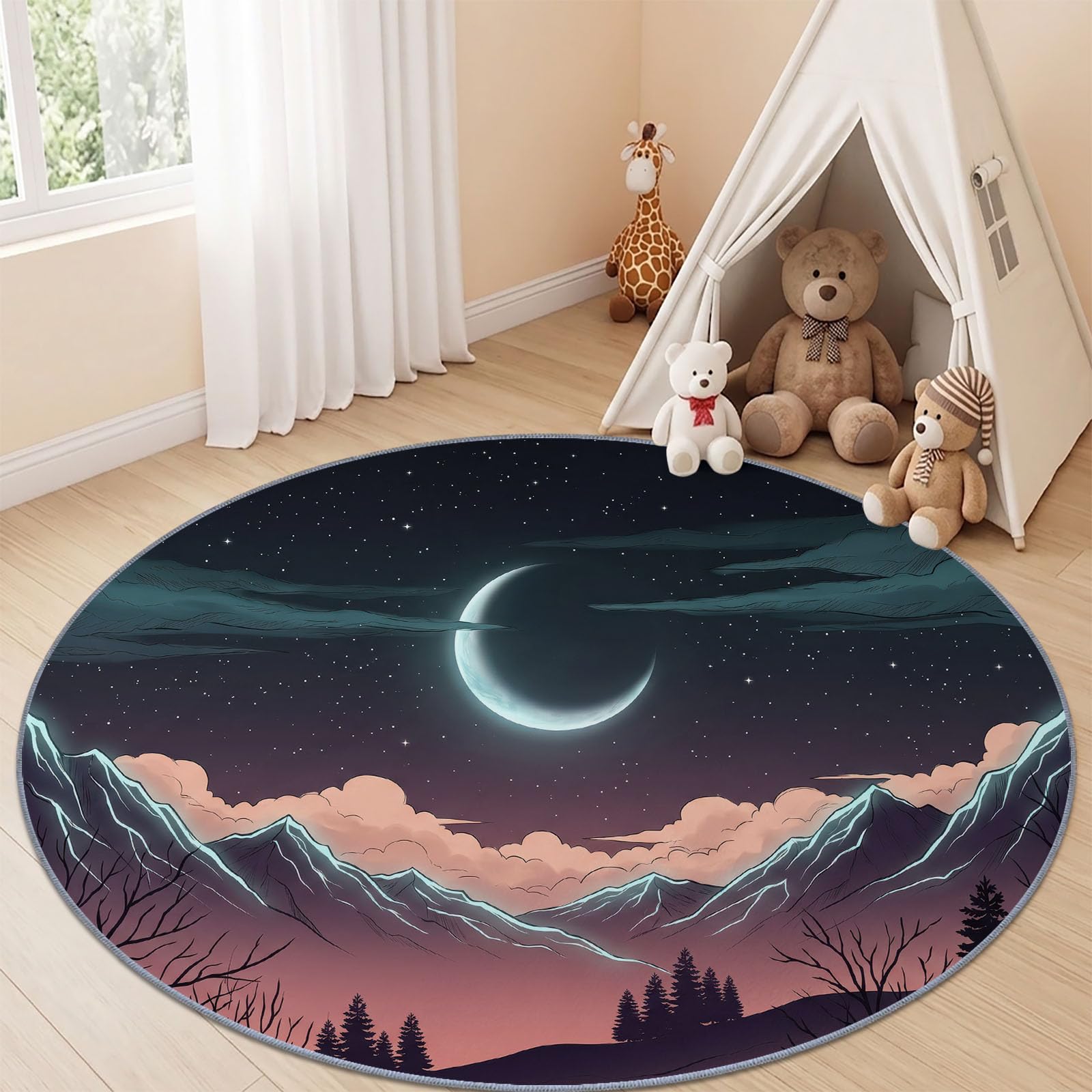 Tapis Rond 100 cm, Lavable en Machine Noir Moquette pour Salon - Moquette Poil Bas antidérapant - Fantaisie Ciel Étoilé Montagnes Lune imprimé Tapis pour Salle à Manger Chambre d’Enfant