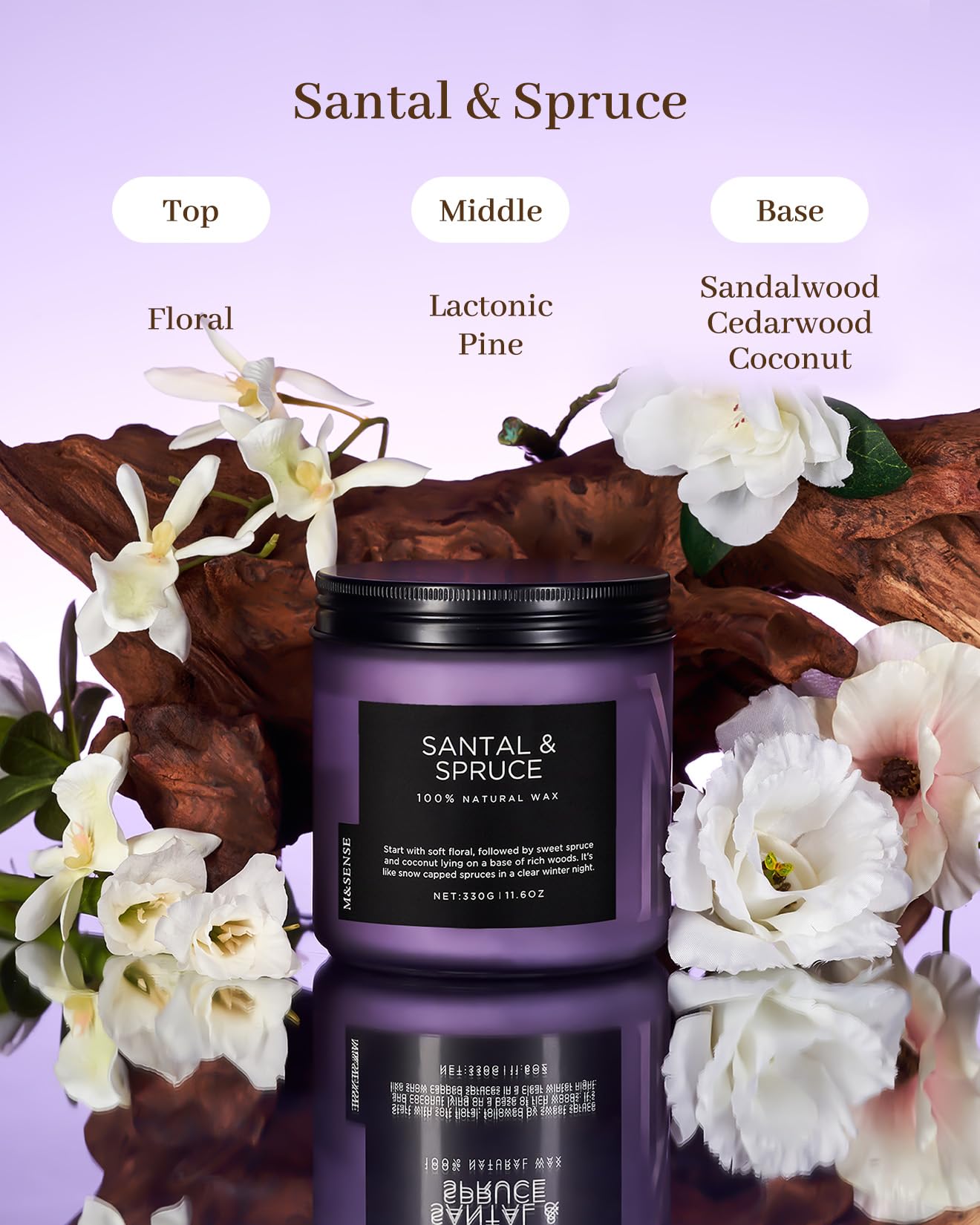 M&SENSE Santal Spruce Non Toxic Scented Candles Gifts for Women & Men 330g 70H Medium Jar Candle Gifts for Home Decor Clear Burning Organic Soy Wax Aromatherapy Candles for Evenings Relaxation - Image 2