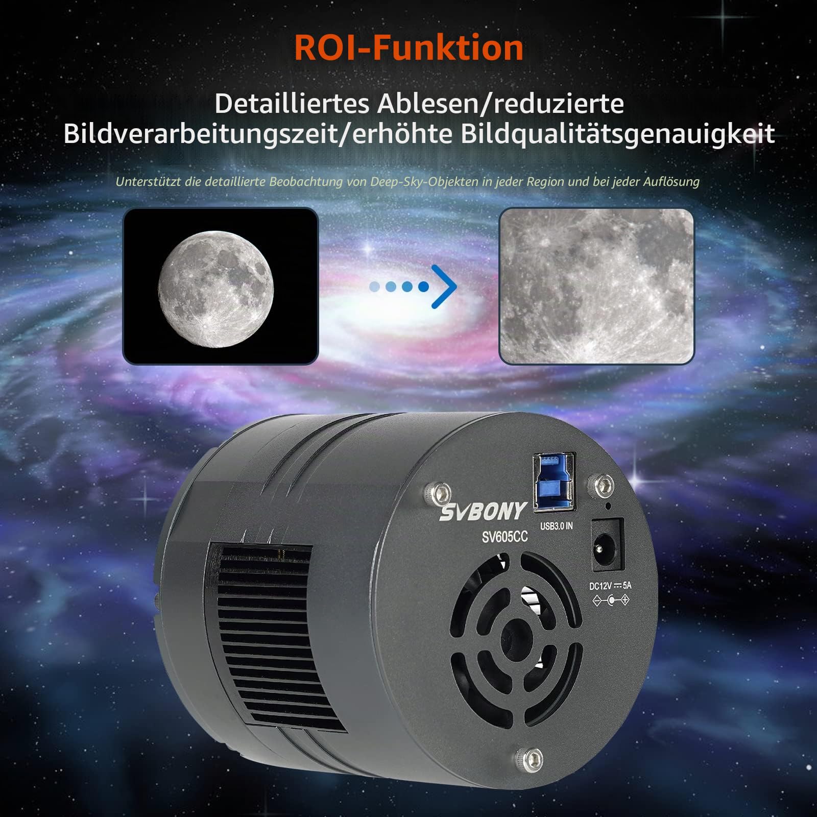 Svbony SV605CC Deep Sky Kameras, Farb Astrokamera Back-Illumination Technologie IMX533 CMOS, Teleskop Okular Kamera mit 1,25Zoll USB3.0, Gekühlte Kameras für Deep Sky Astrofotografie