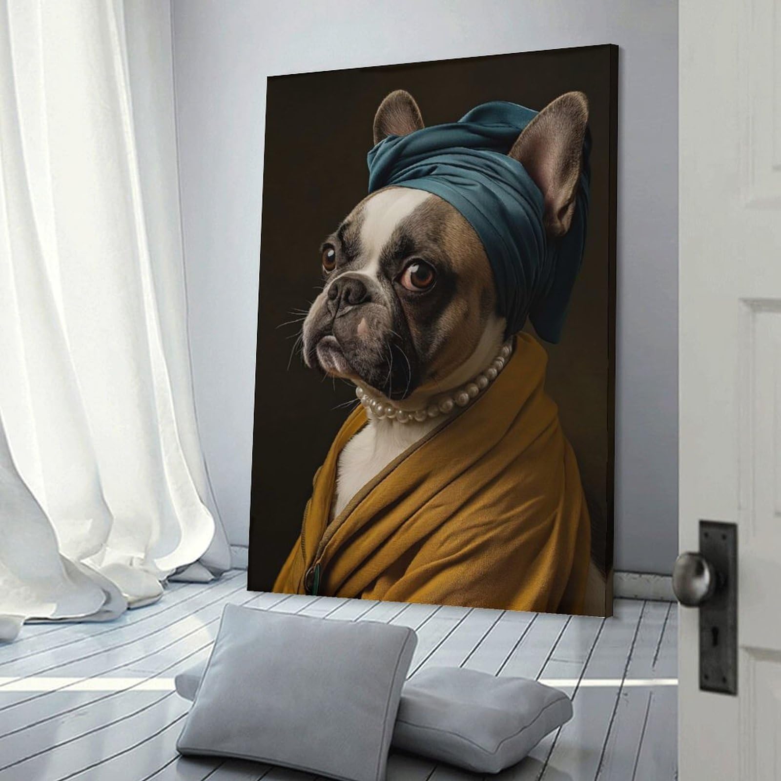Junmoney French Bulldog Pearl Canvas Art Print 20x30inch(50x75cm), for Entrance Spaces, Stair Walls Or Halls, Wall Decor to Refresh Empty Corners