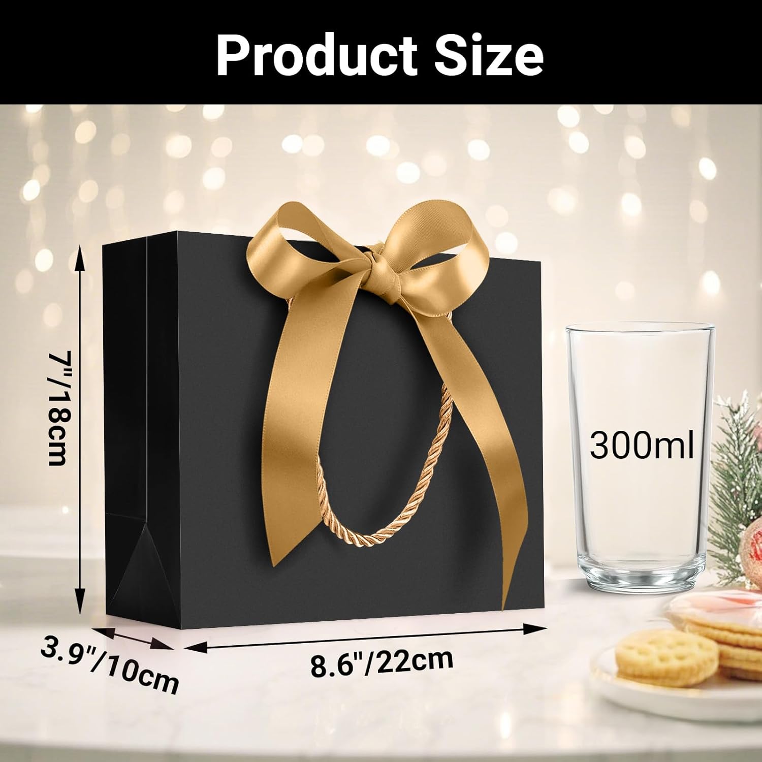 EUSOAR Gift Bags With Handles, 50pcs 8.6"x3.9"x7" Black Kraft Gift Shopping Paper Bag with Bow Ribbon Handle, Wedding Party Favor Gift Treat Thank You Bags Bulk Guests Bridal Birthday