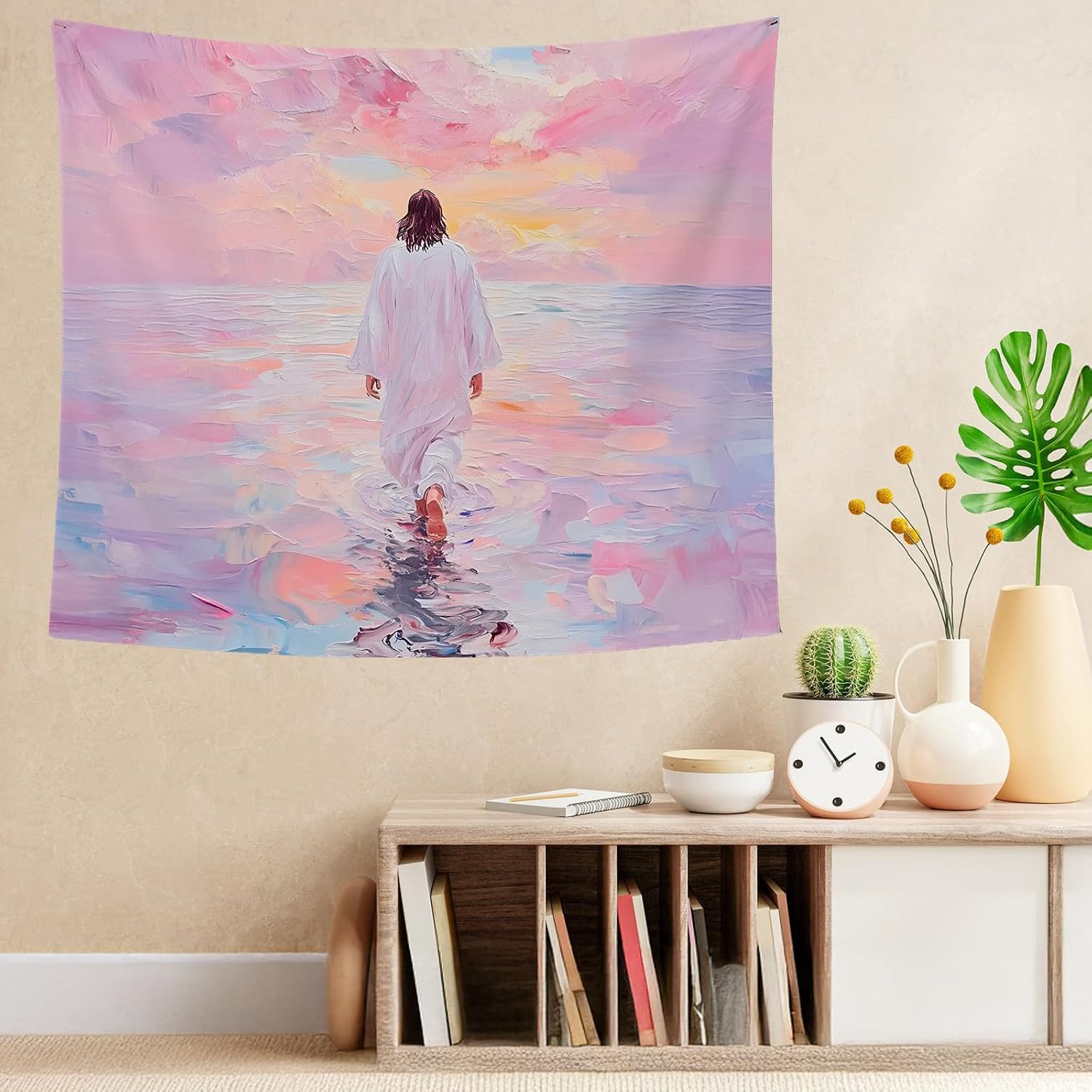 bitCNY Jesus Sunset Walk Tapestry – Pink Pastel Christian Wall Hanging, Peaceful Inspirational Decor for Bedroom or Prayer Room, 50x60 Inch