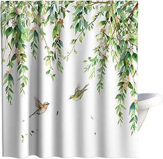 Vintage Cute Bird Shower Curtains Aesthetic Farmhouse Botanical Funky Cloth Fabric Bathroom Decor Sets with Hooks Waterproof Washable 72W x 72H inches White and Green