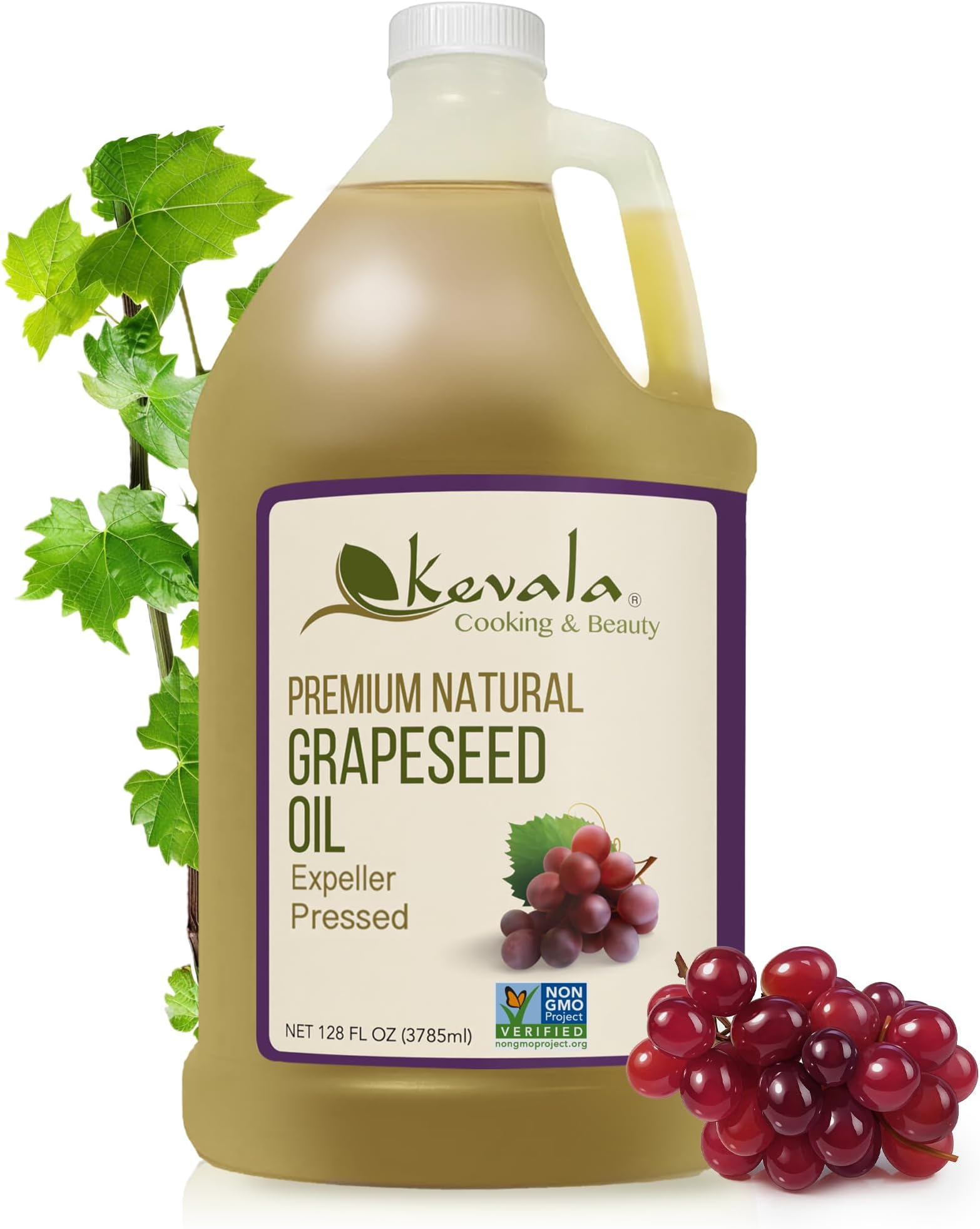 Kevala Grapeseed Oil | Non-GMO Expeller Pressed Grape Seed Oil for Cooking, Rich in Antioxidants, Skincare & Hair, Multipurpose Beauty Oil, High Smoke Point Oil – 128 Fl Oz | 1-Pack