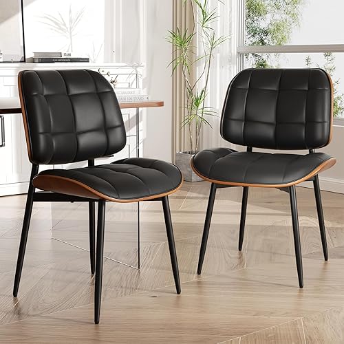 Miniatura 4 de Juego de 6 sillas de comedor, modernas sillas de comedor negras de mediados de siglo, sillas de cocina tapizadas de piel sintética con cojín grueso