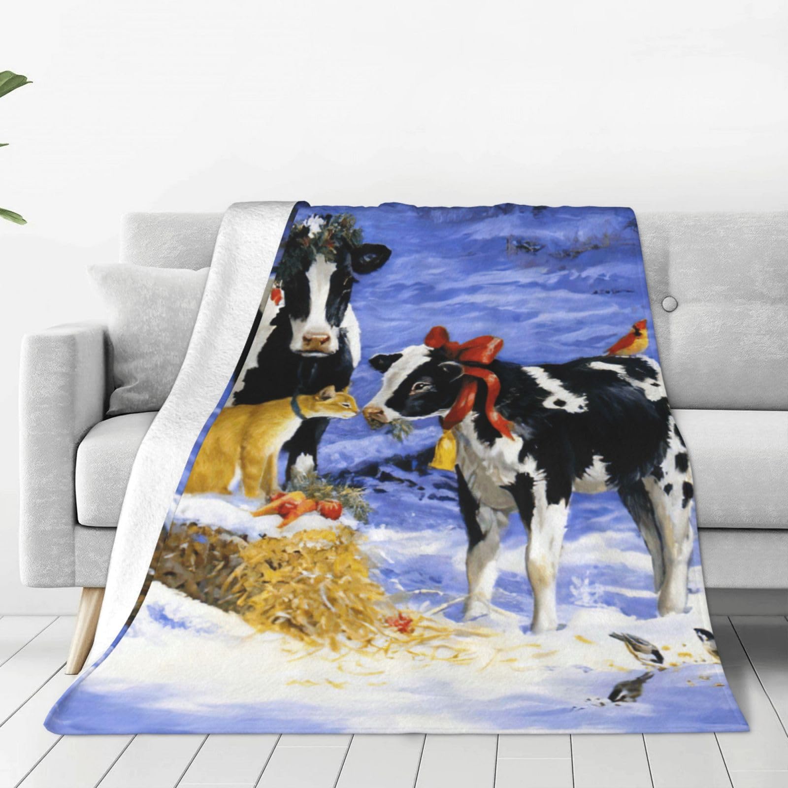 Couverture polaire en flanelle lit plaid chaud Noël imprimé vache lait de neige