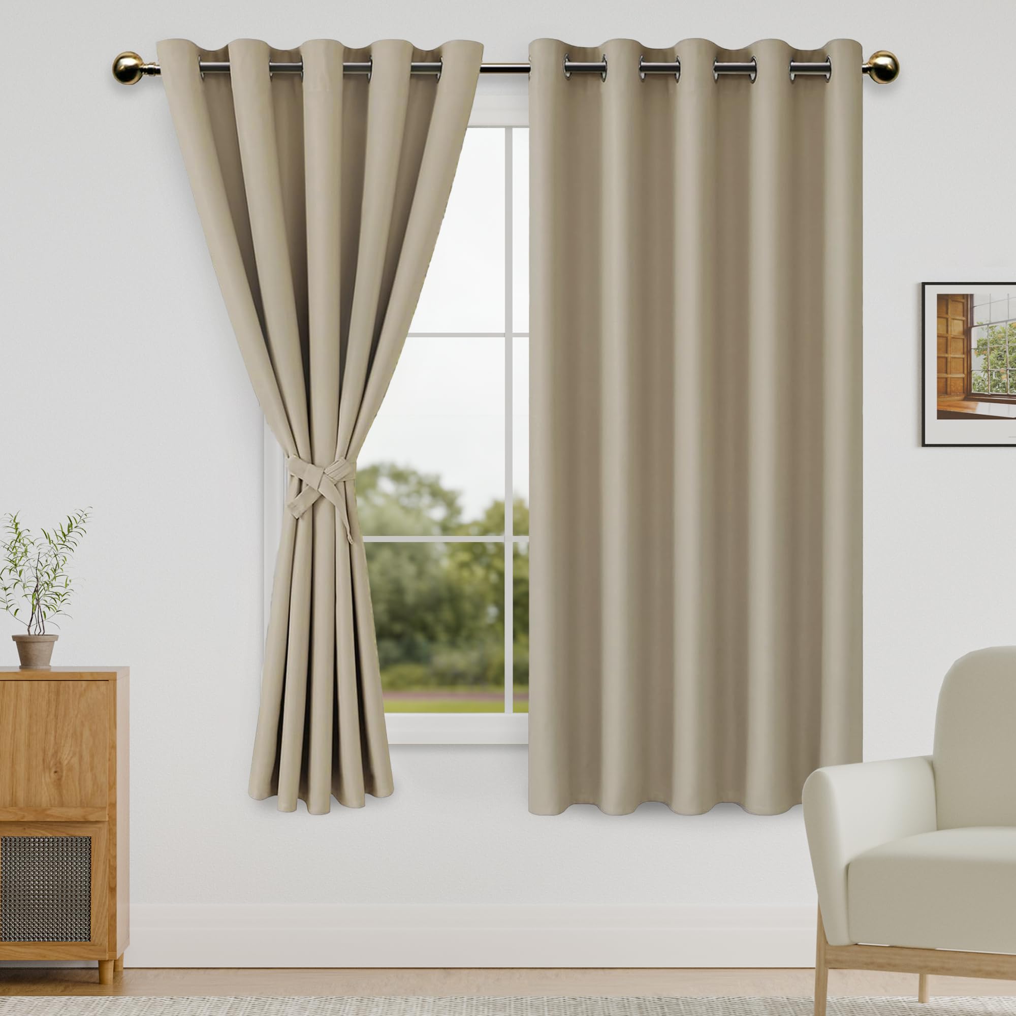 DWCN Blackout Curtains for Bedroom with Tiebacks - Room Darkening Privacy Grommet Top Window Curtains for Living Room, 60 x 63 inch Length, Taupe, Set of 2 Panels — image 1