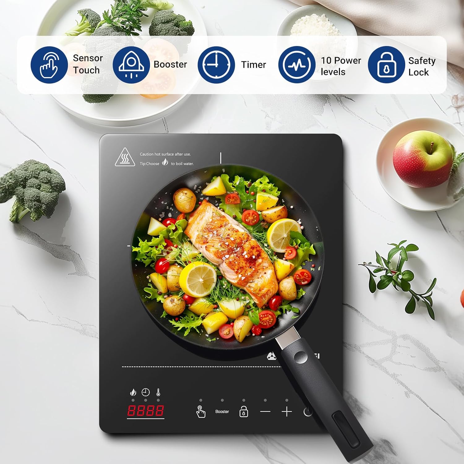 Aobosi Portable Induction Cooktop highlighting its features: Sensor Touch, Booster, Timer, 10 Power levels, and Safety Lock.