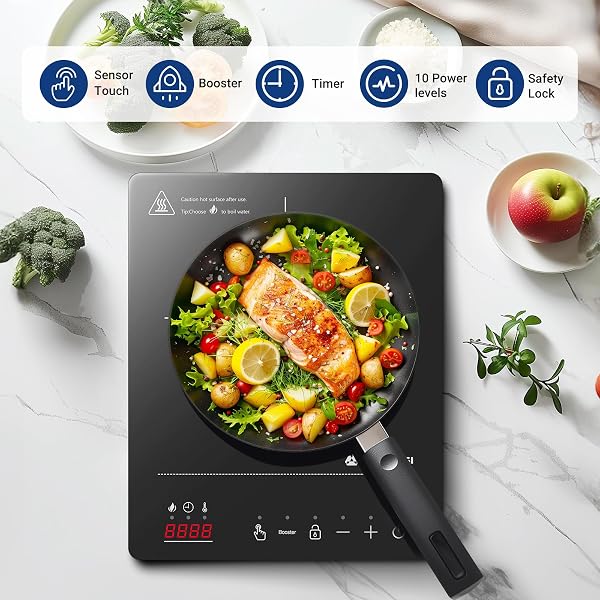 Aobosi Induktionskochfeld 1 Platte,Induktionskochplatte mit Booster-Funktion, 20 Leistungsstufen und Temperaturstufen,Kompakte Größe,2000W Tragbares Induktionskochfeld,10H-Timer,Schwarz - 2
