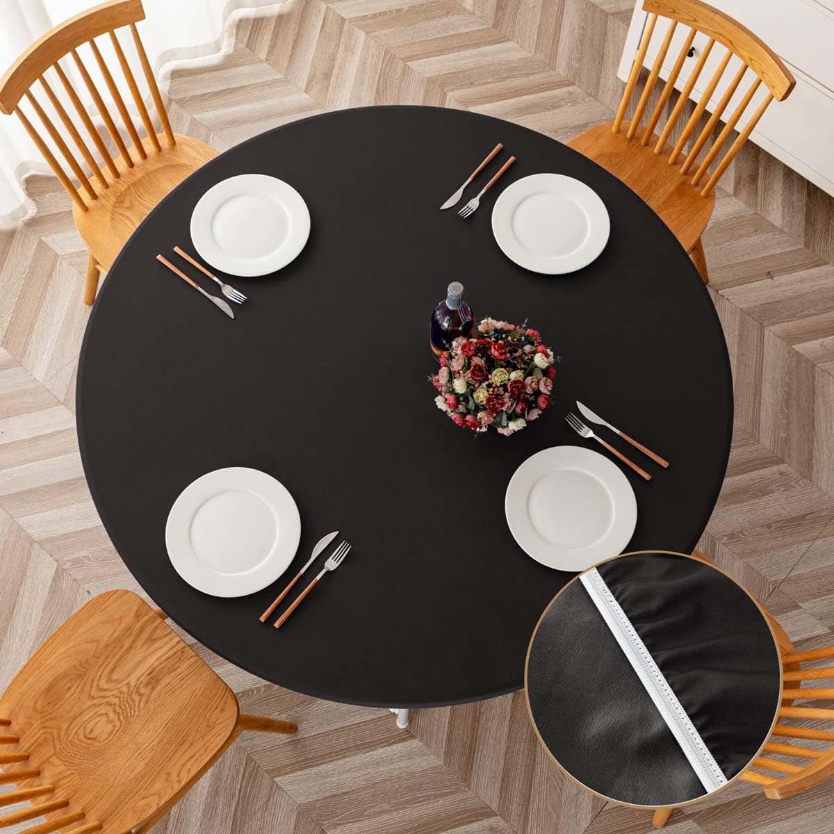 Wodoodporny elastyczny okrągły obrus ze skóry PU Edd olejoodporny zmywalny pokrowiec do wewnątrz kuchni jadalni na zewnątrz patio grill - kawowy średnica 130 cm
