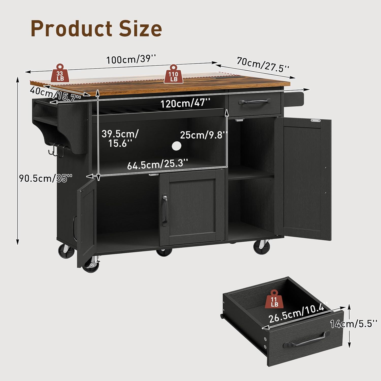 RALGEND Rolling Kitchen Island Cart with Drop Leaf & Power Outlet, Mobile Kitchen Island on Wheels, Island Table with Storage Cabinet, Microwave Shelf & Wine Rack for Kitchen, Black & Rustic Brown