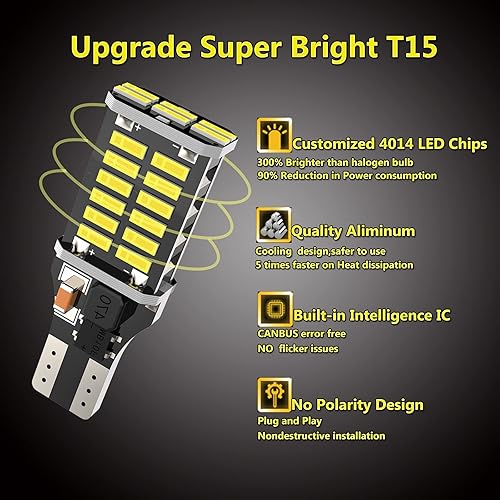 Miniatura 5 de Bombilla LED T15 extremadamente brillante 921, 1200 lúmenes, sin polaridad 921, 912, T15, W16W, 30-SMD 4014, chips CANBUS, sin errores, para luces