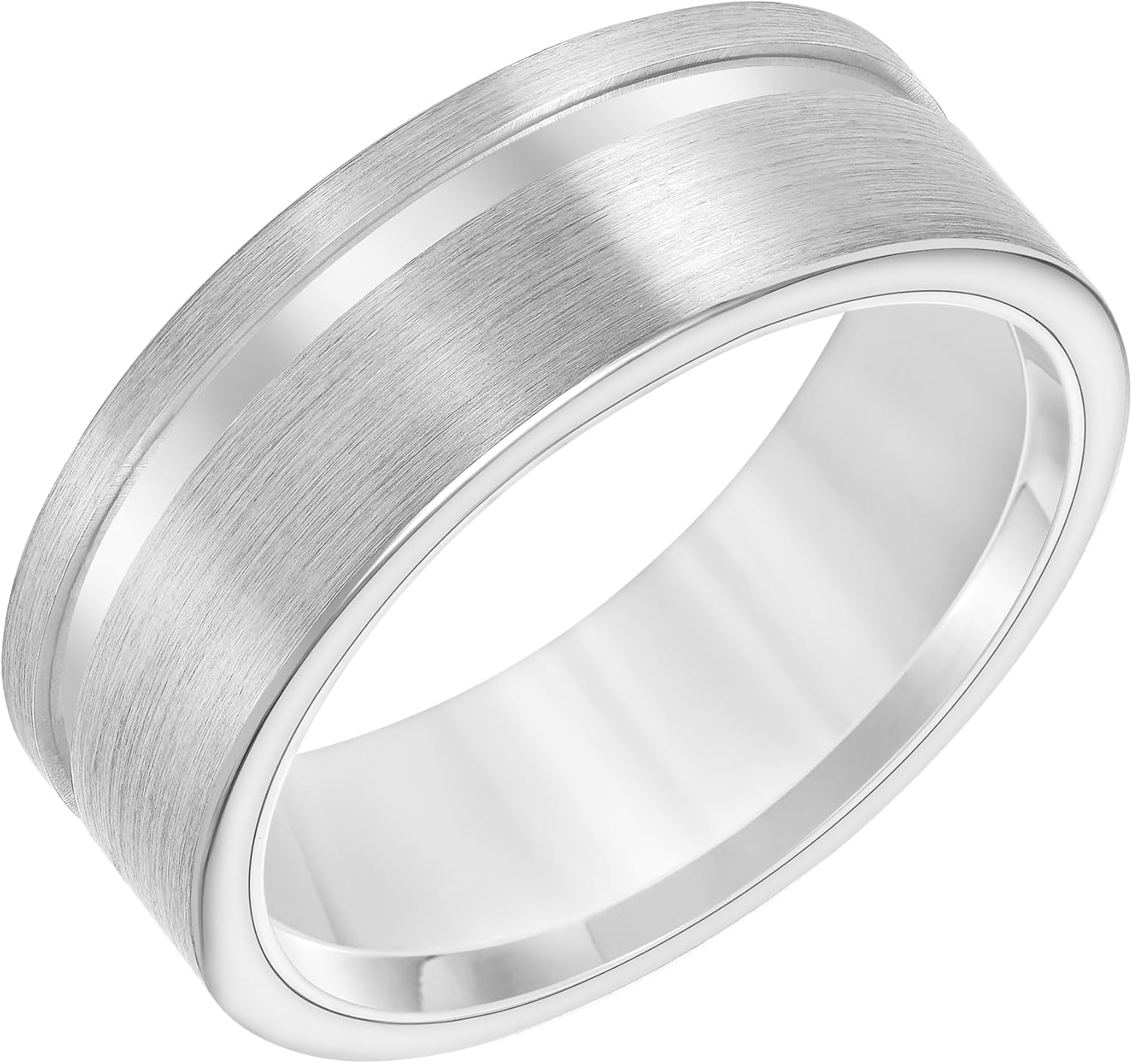 Brilliant Expressions Men’s Tungsten Carbide Wedding Band – 8mm White & Grey Satin Finish Ring with Flat Profile, Polished Round Edges, Comfort Fit, Scratch Resistant & Hypoallergenic