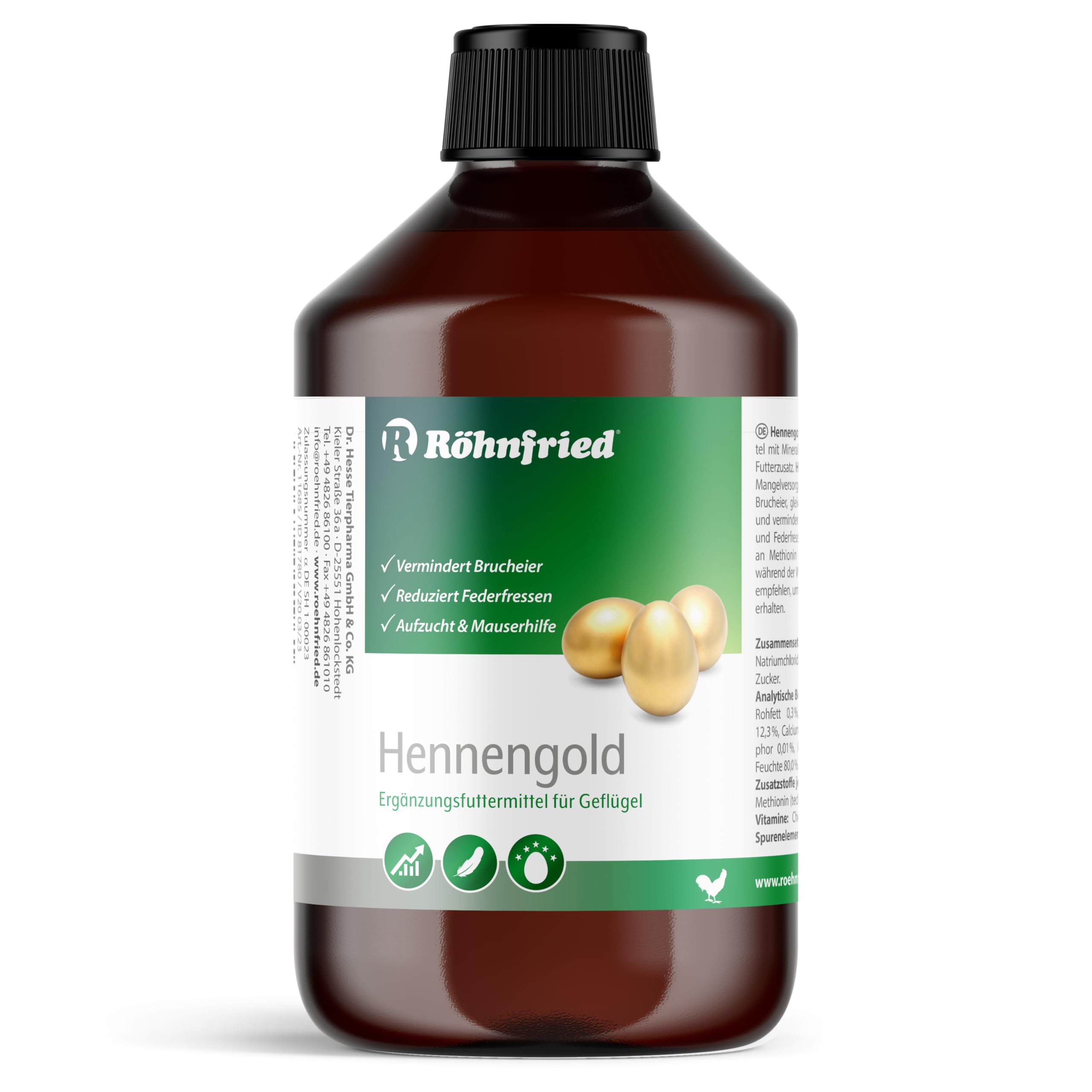 Röhnfried Hennengold 500 ml Reduces Breaking Eggs & Feather Feather Supports Feather Growth & Feather Dress for Chickens & Other Poultry