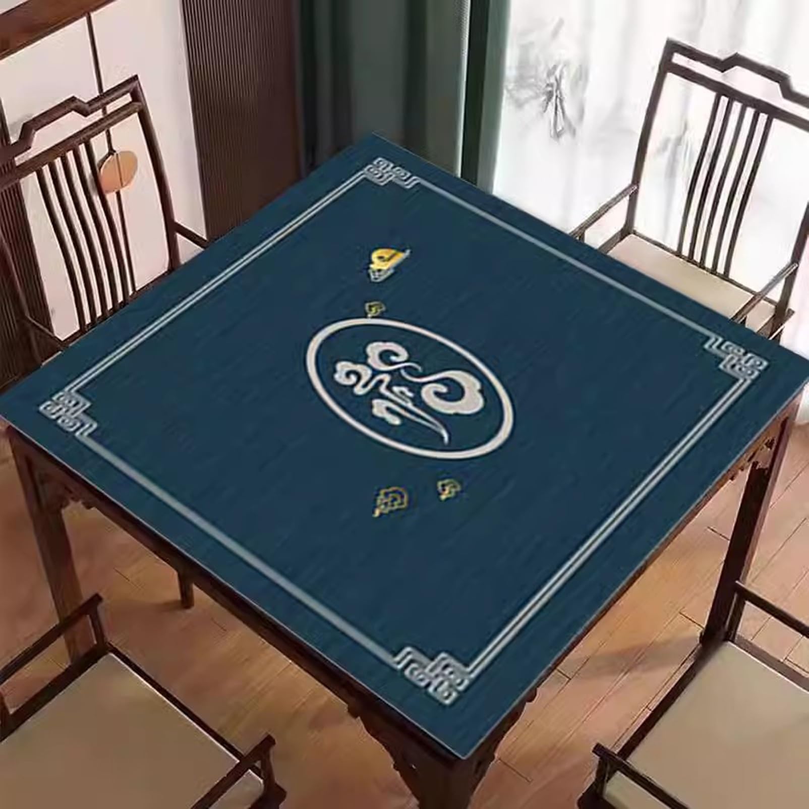 Mata Mahjong Druk w stylu chińskim z torbą do przechowywania Karciana gra planszowa Playmat Antypoślizgowa aksamitna mata do gry (niebieska 37,4 x 37,4 cala 95 x 95 cm)