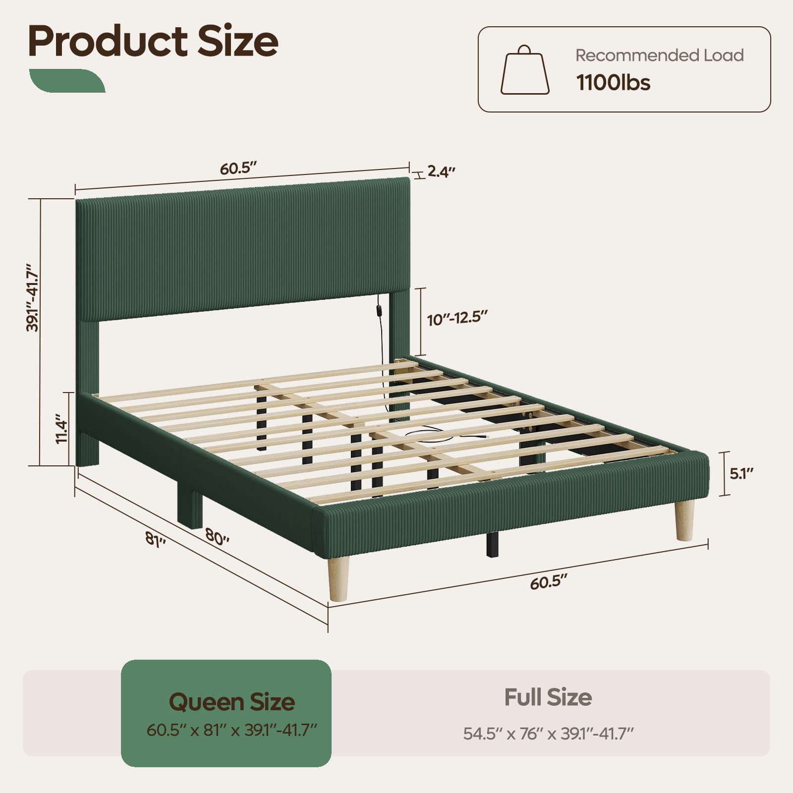 Condition photo showing New/Like New for bestier queen bed frame with headboard,platform queen size bed frame with led lighting,bed frame wooden slats support,no box spring needed,never squeaks, easy assembly,green